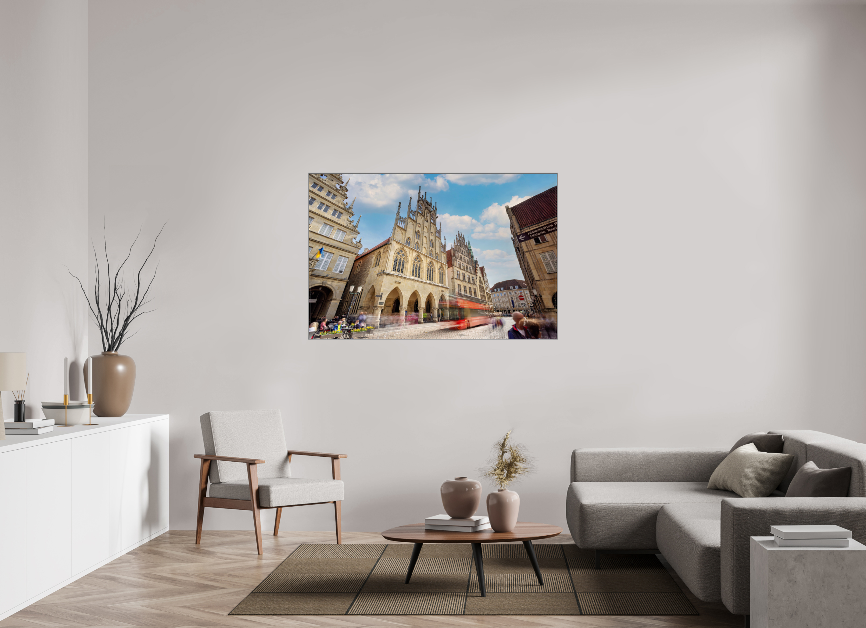 150 x 100 cm, Alurahmen 25mm Rathaus und Bus