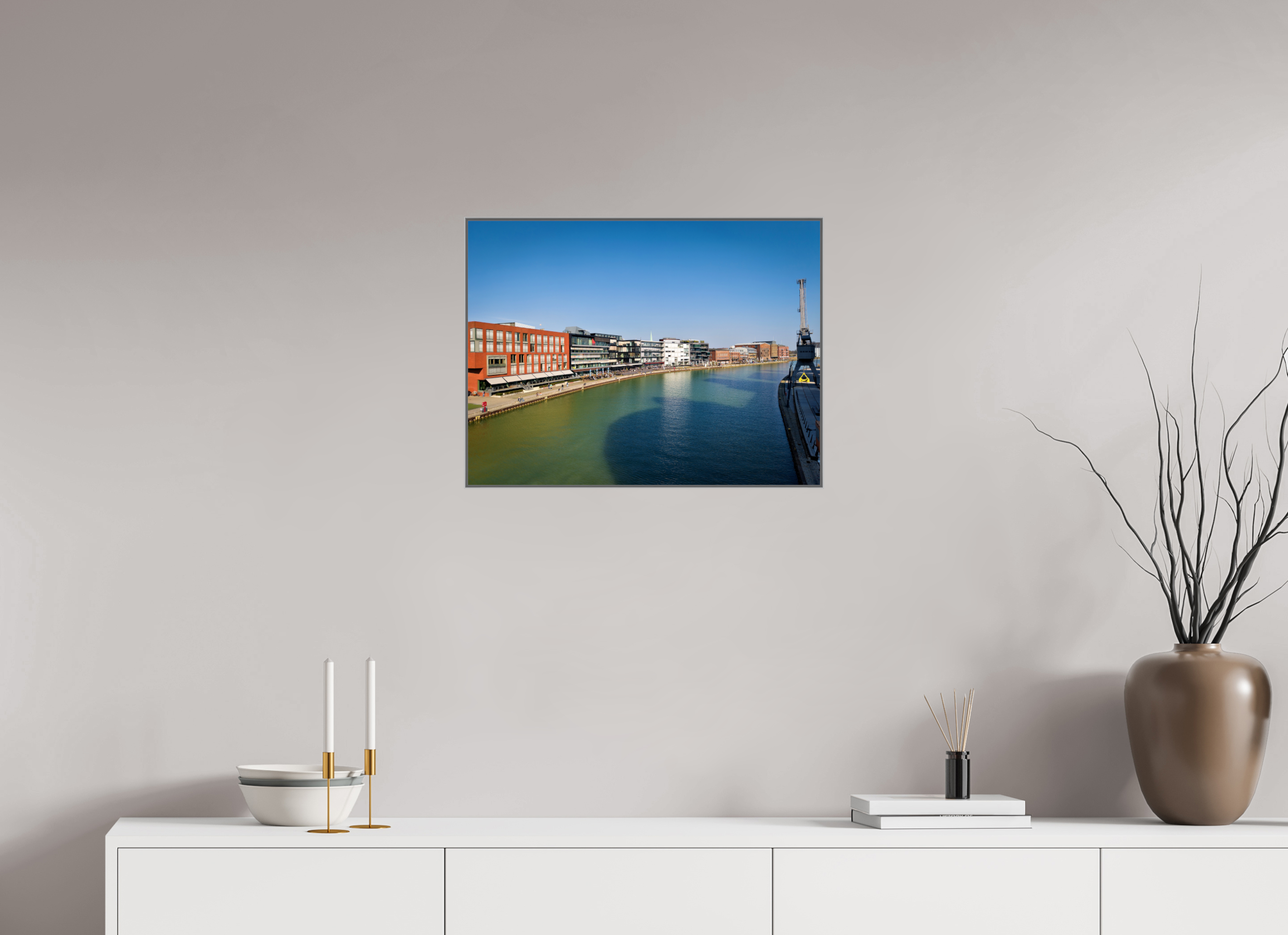 60 x 45 cm, Alurahmen 25mm Münster Hafen – Ruhe zwischen Stahl und Wasser