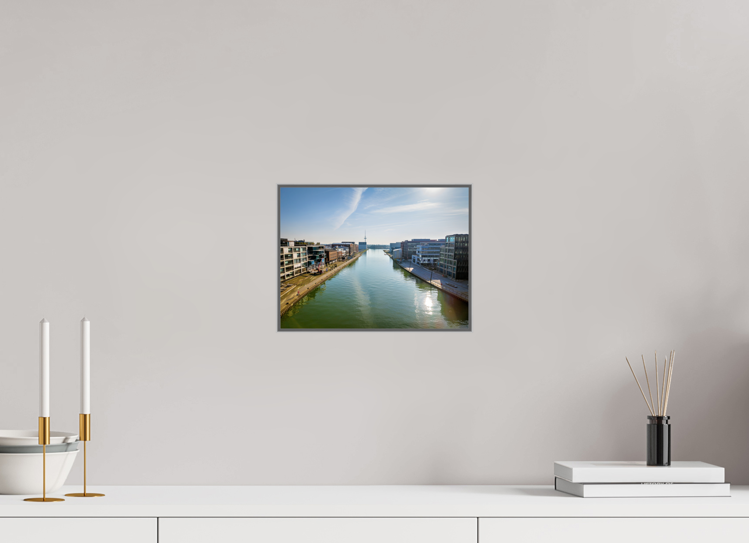 28 x 21 cm, Alurahmen 25mm Münster Hafen – Ruhe zwischen Stahl und Wasser