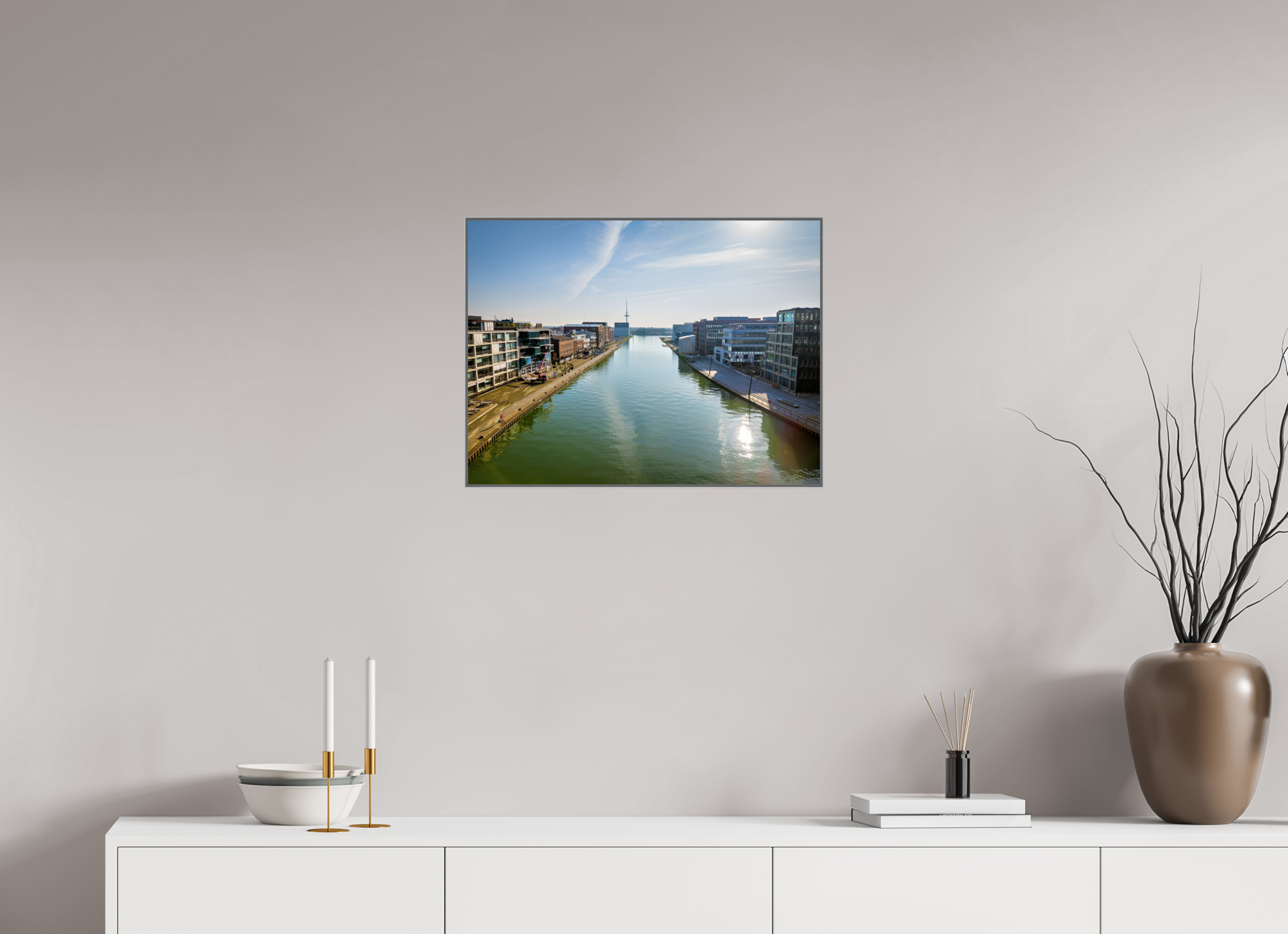 60 x 45 cm, Alurahmen 25mm Münster Hafen – Ruhe zwischen Stahl und Wasser