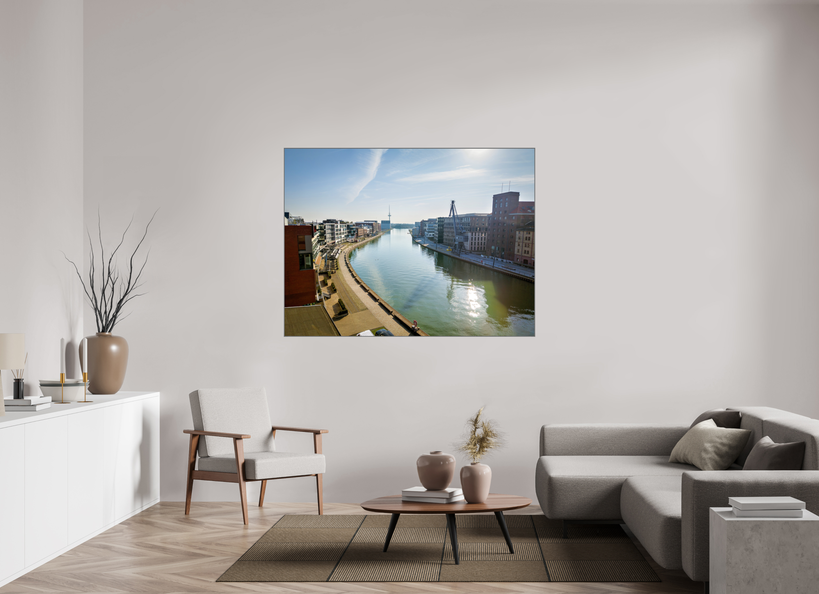 160 x 120 cm, Alurahmen 25mm Münster Hafen – Ruhe zwischen Stahl und Wasser