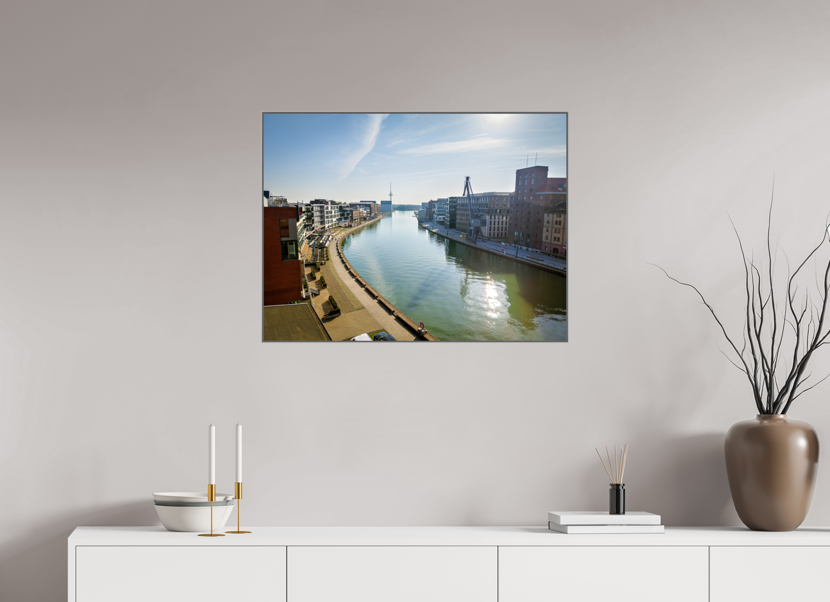 80 x 60 cm, Alurahmen 25mm Münster Hafen – Ruhe zwischen Stahl und Wasser