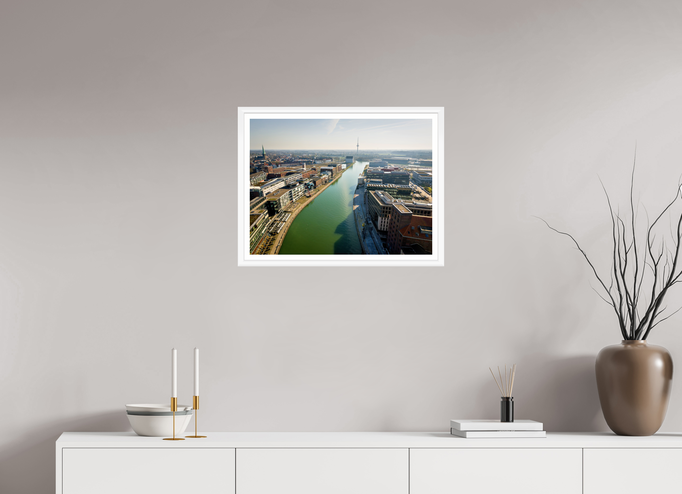 60 x 45 cm, Bern weiß und Rand Münster Hafen – Ruhe zwischen Stahl und Wasser