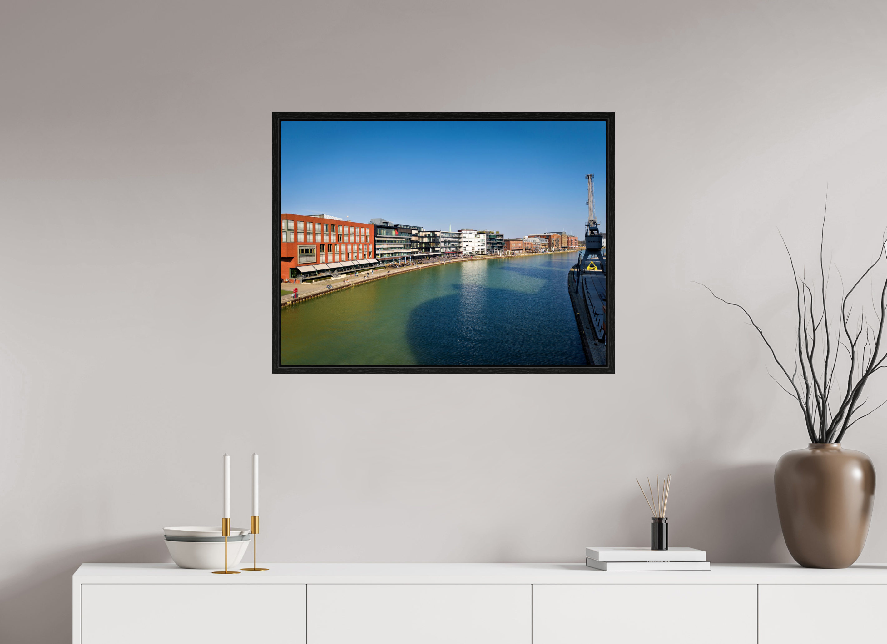 80 x 60 cm, Floater Frame Münster Hafen – Ruhe zwischen Stahl und Wasser
