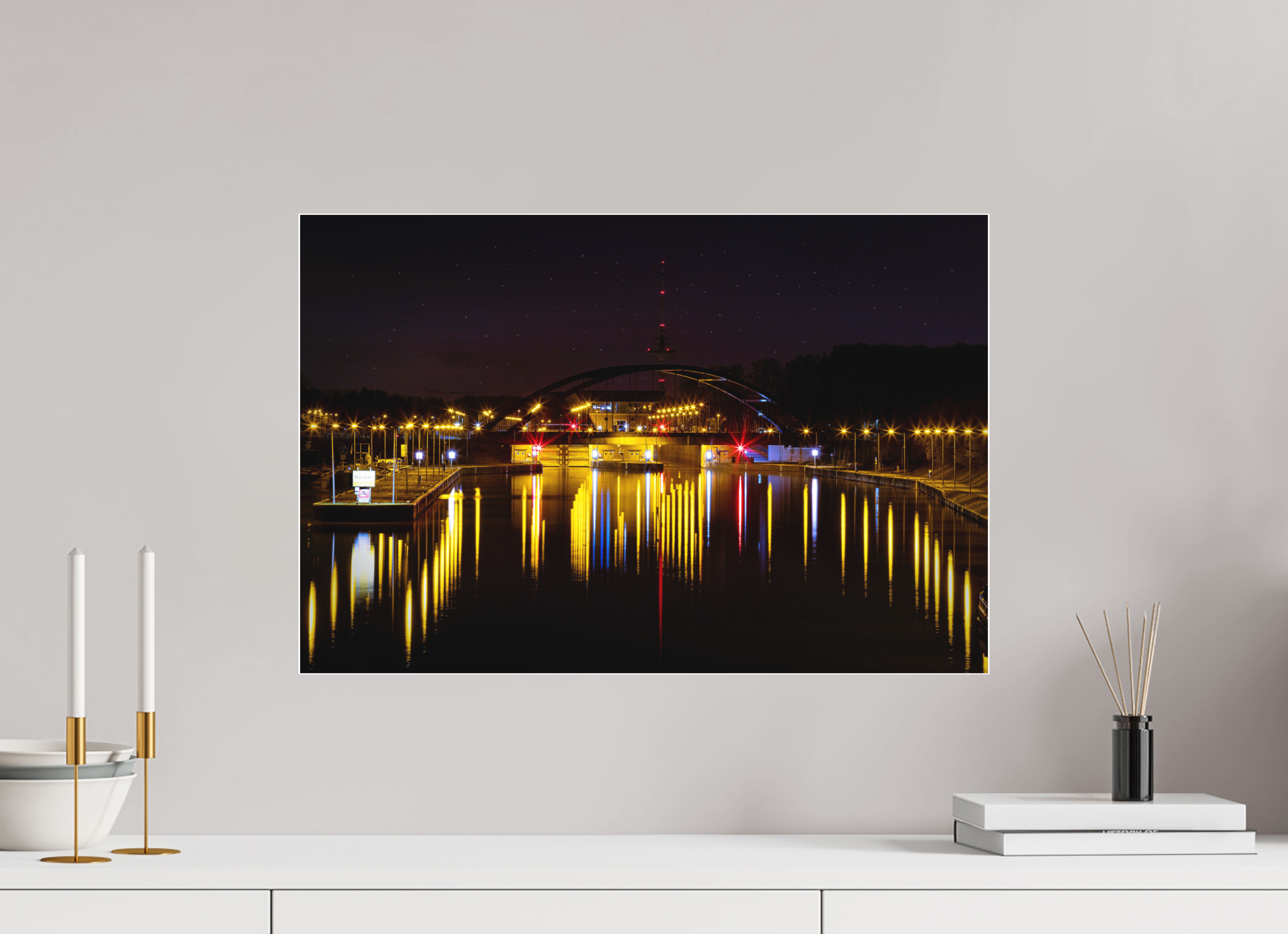 60 x 40 cm, Acrylglas Fine Art Pigmentdruck Die Schleuse bei Nacht