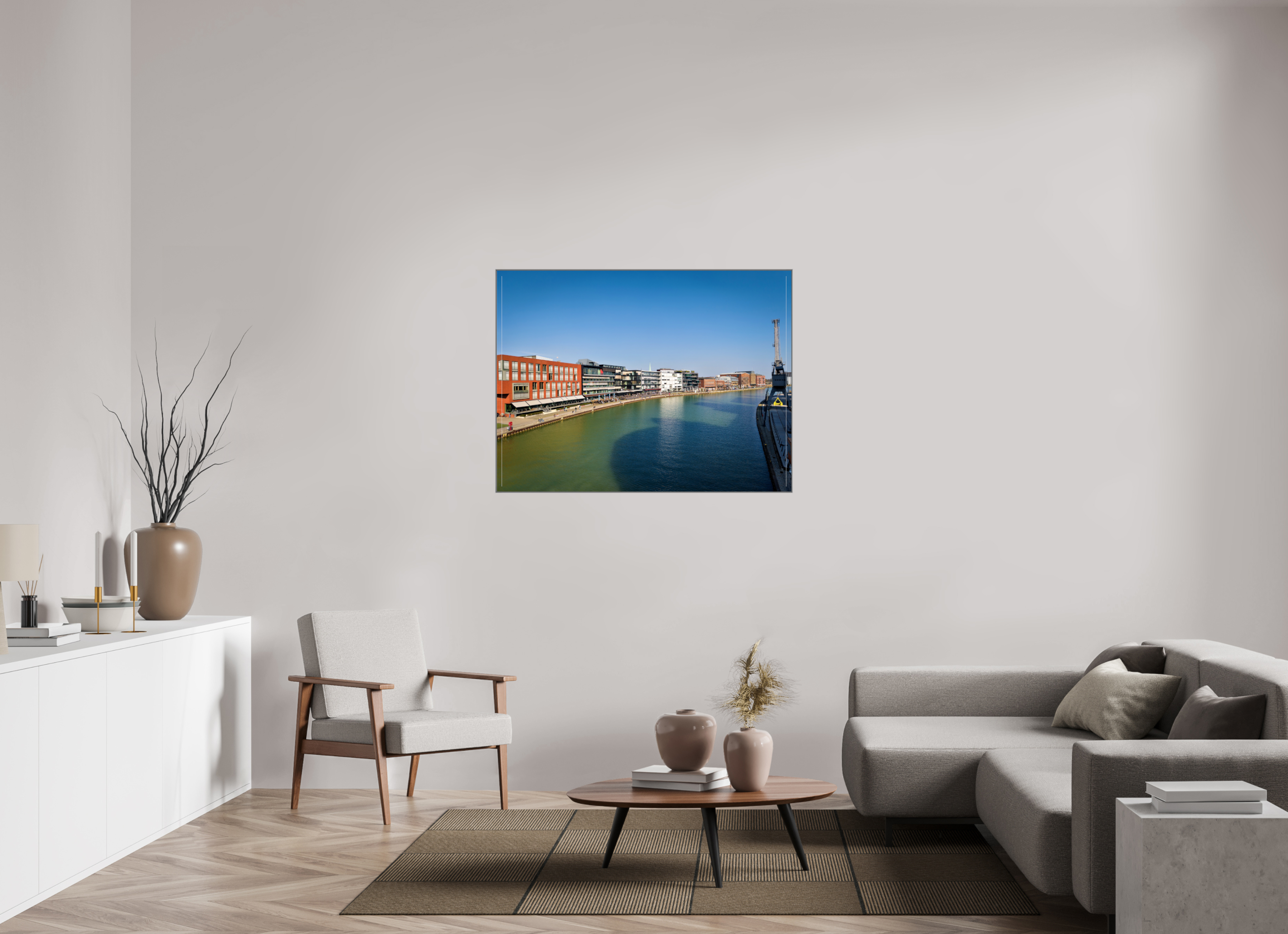 120 x 90 cm, Alurahmen 25mm Münster Hafen – Ruhe zwischen Stahl und Wasser
