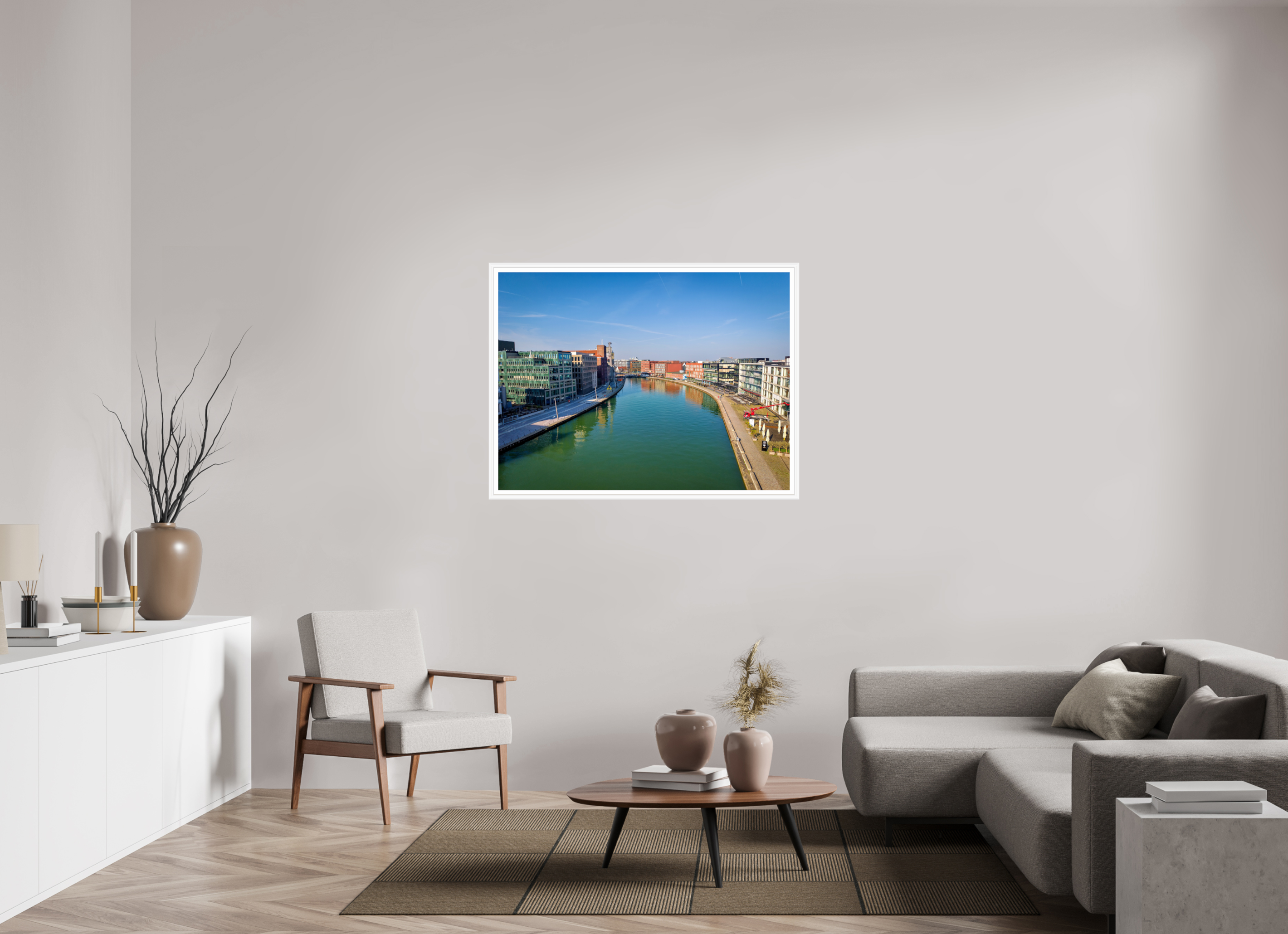120 x 90 cm, Bern weiß und Rand Münster Hafen – Ruhe zwischen Stahl und Wasser