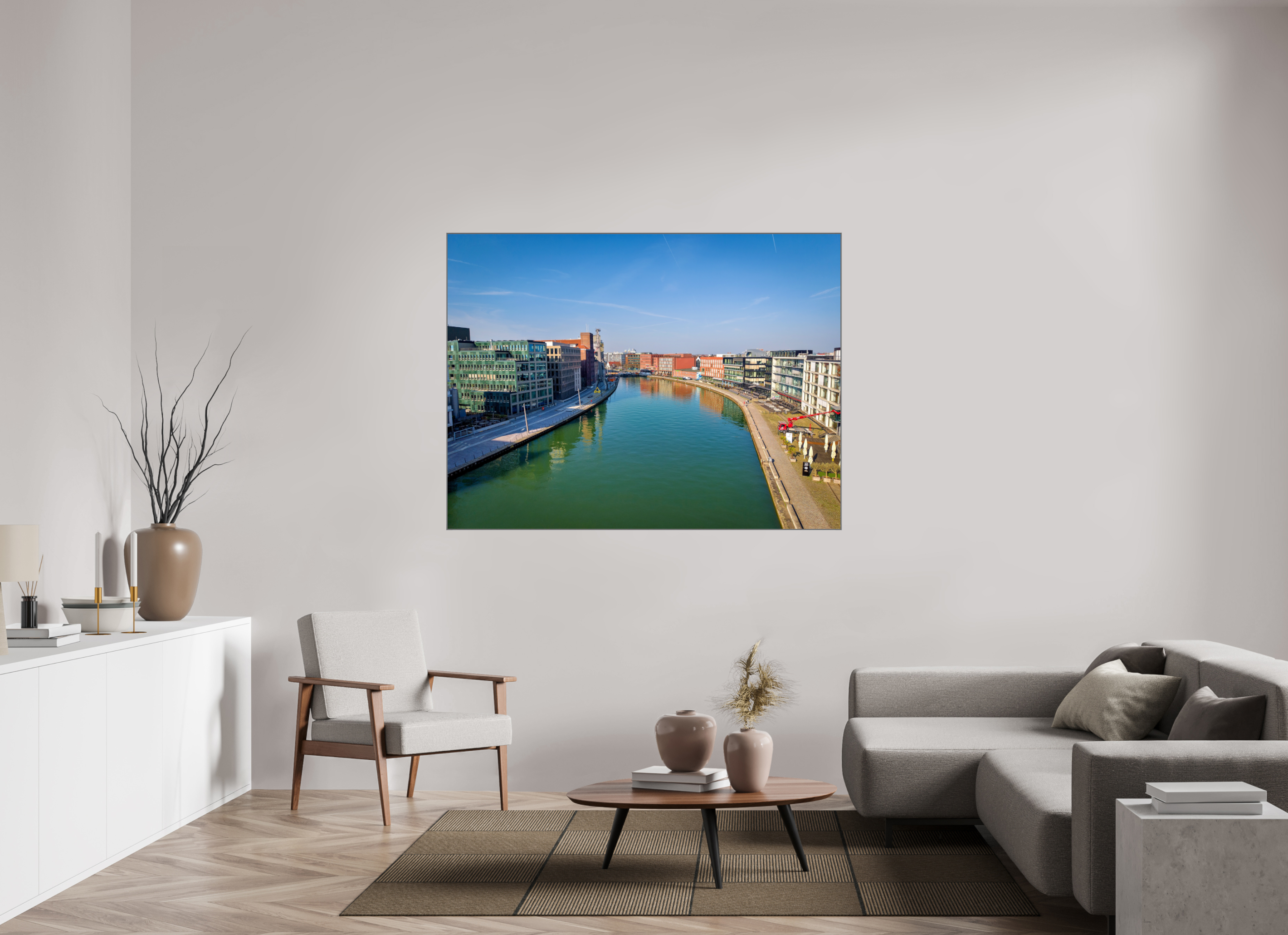 160 x 120 cm, Alurahmen 25mm Münster Hafen – Ruhe zwischen Stahl und Wasser