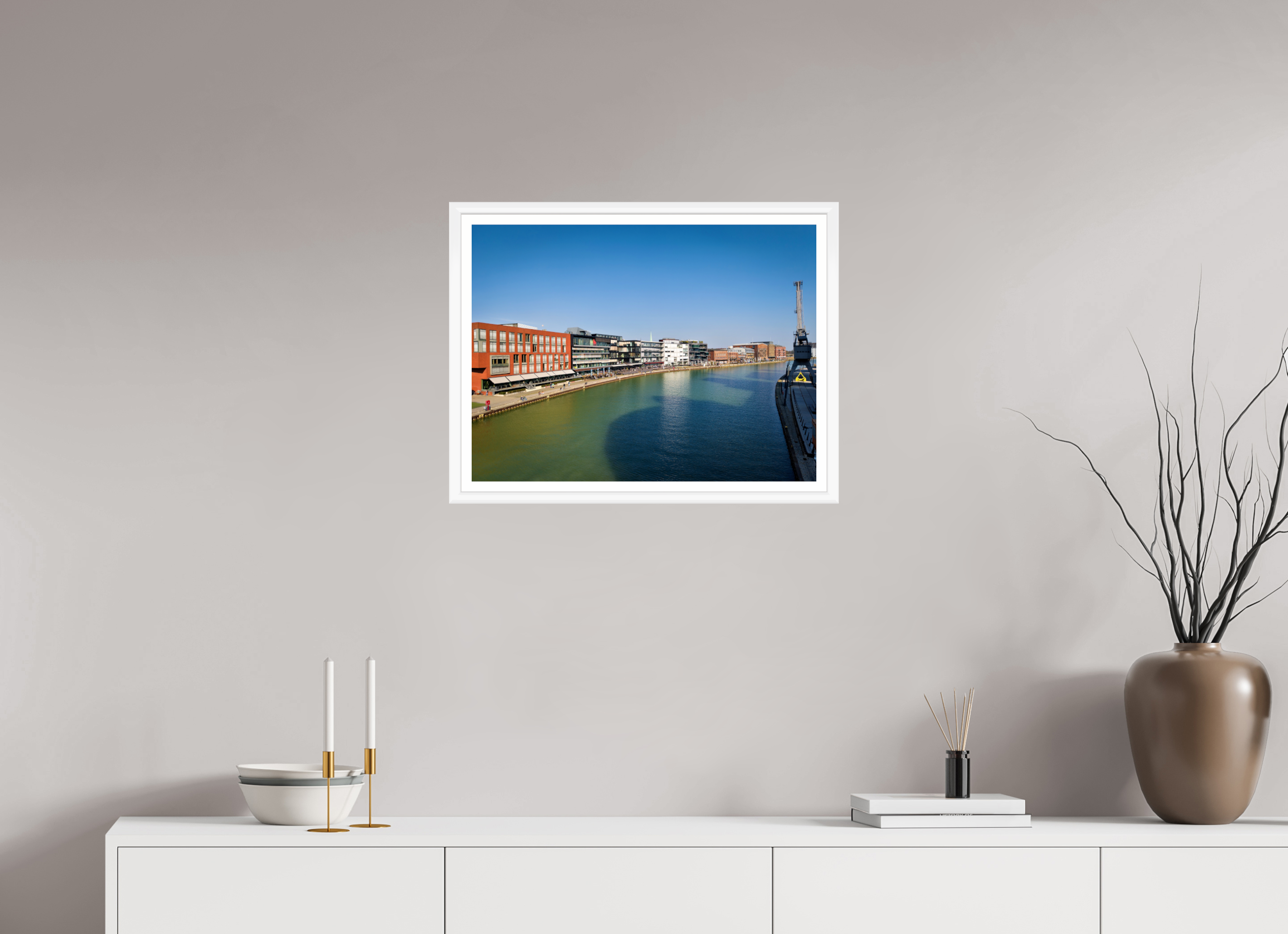 60 x 45 cm, Bern weiß und Rand Münster Hafen – Ruhe zwischen Stahl und Wasser