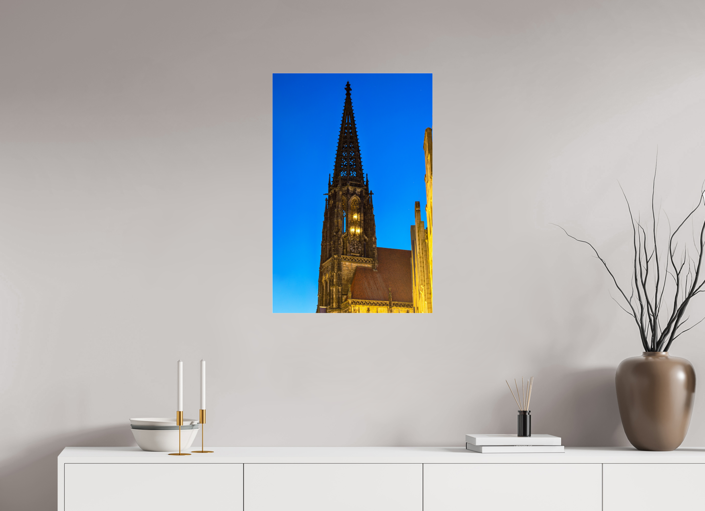 50 x 75 cm, Photo Print Under Acrylic Glass Lambertikirche bei Nacht