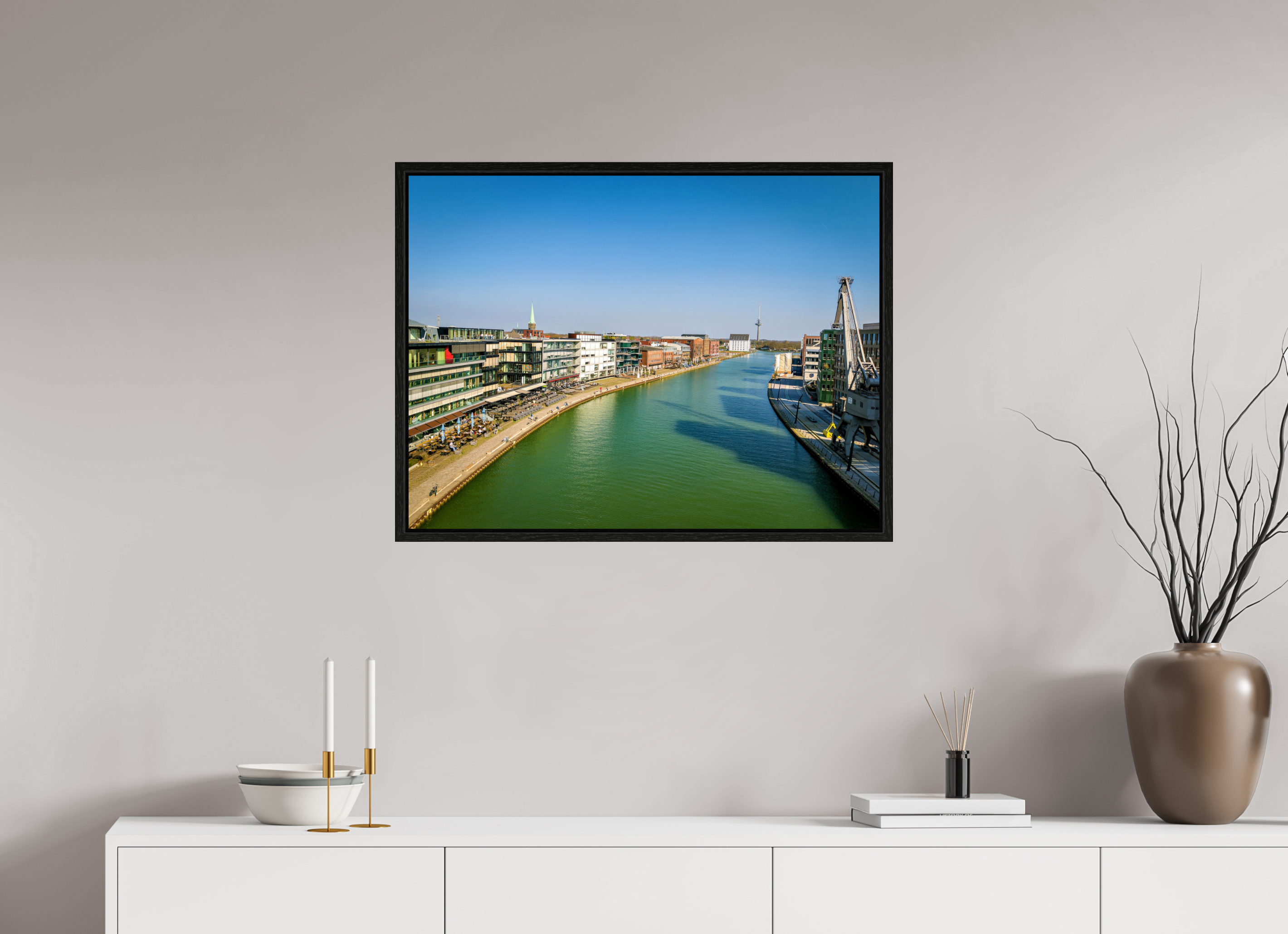 80 x 60 cm, Floater Frame Münster Hafen – Ruhe zwischen Stahl und Wasser