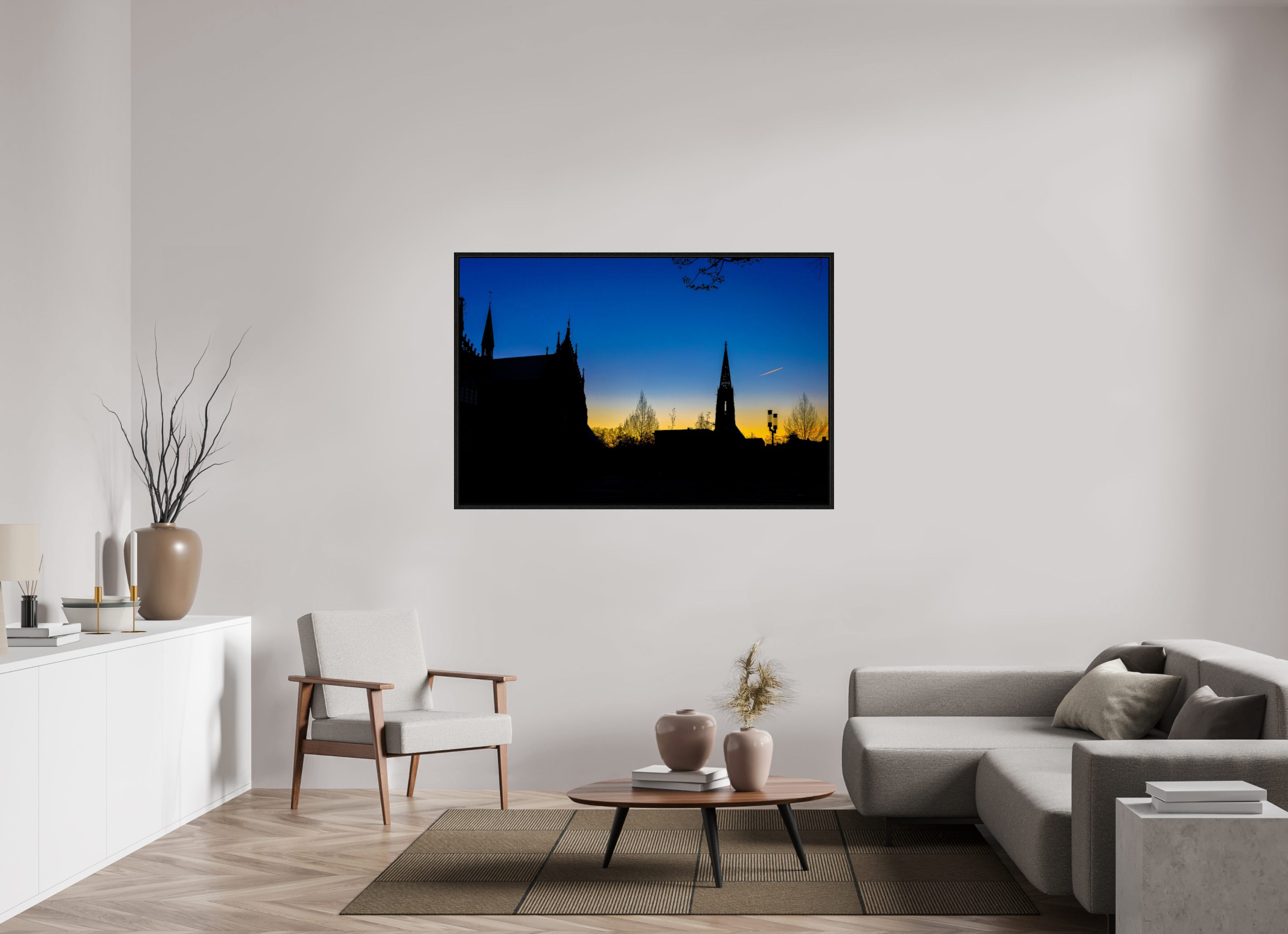 150 x 100 cm, Floater Frame Lamberti - Dom bei Sonnenaufgang