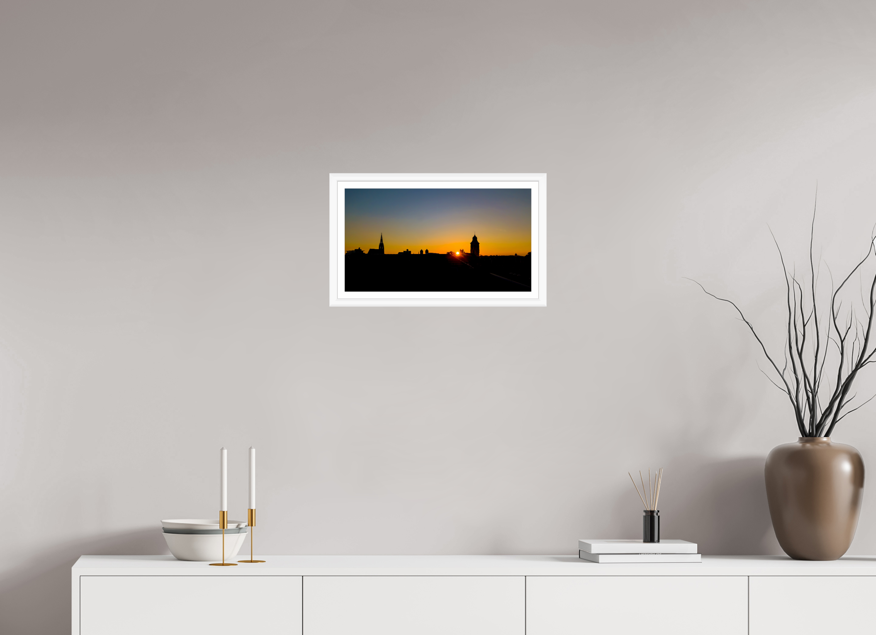 48 x 27 cm, Bern weiß und Rand Skyline / Sonnenuntergang