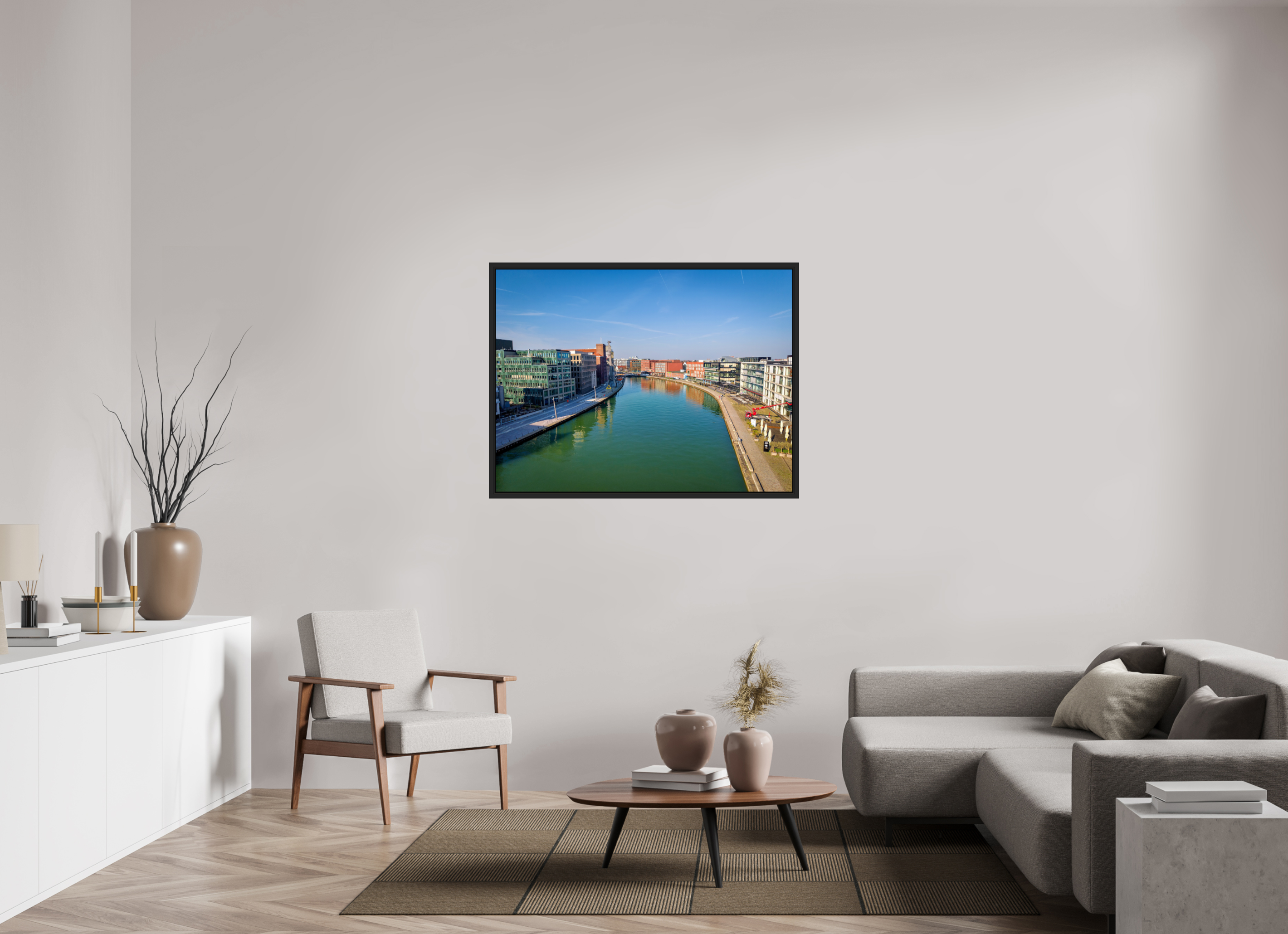 120 x 90 cm, Tokyo 20mm Schattenfuge 4mm Münster Hafen – Ruhe zwischen Stahl und Wasser