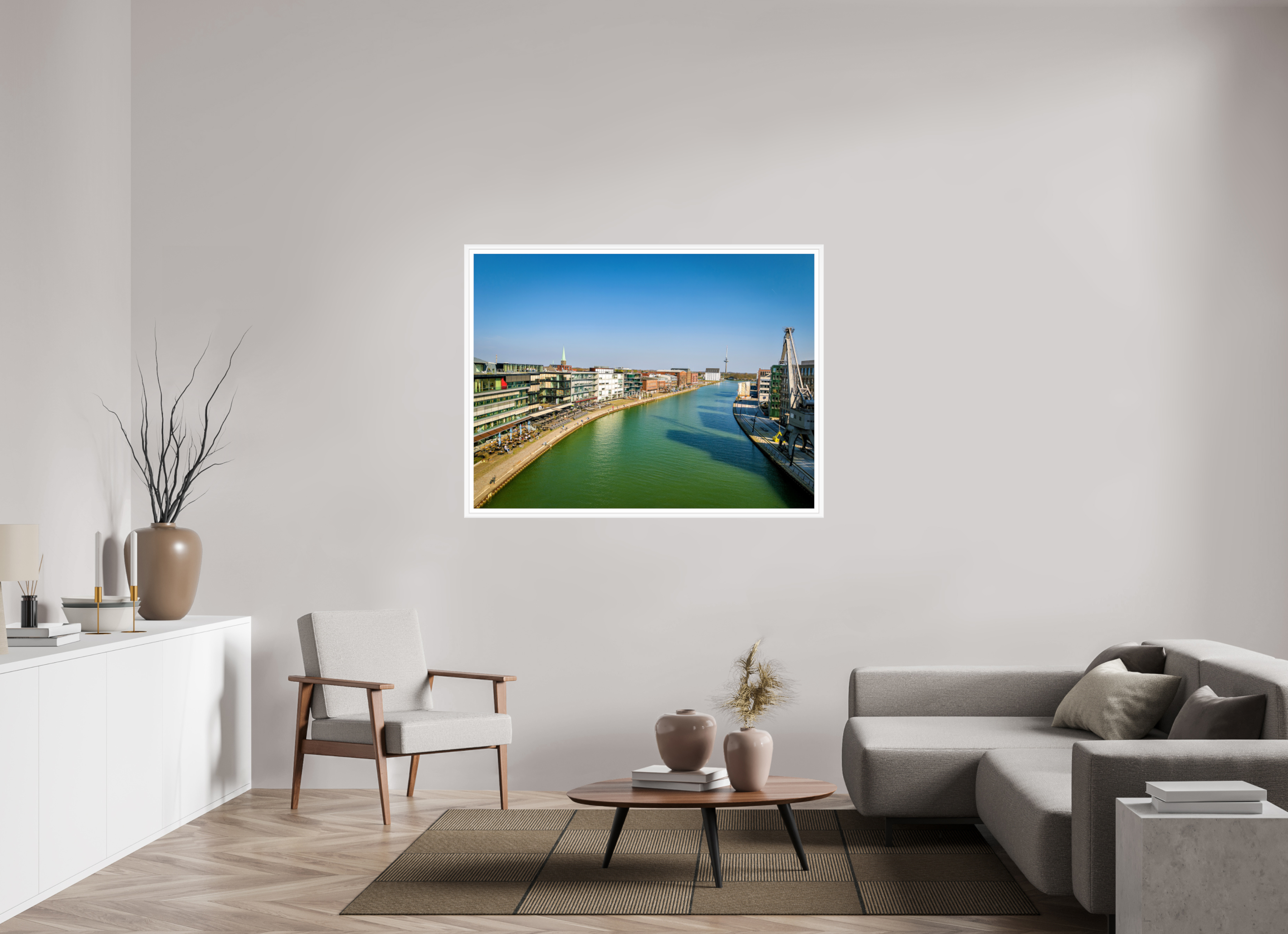 140 x 105 cm, Bern weiß und Rand Münster Hafen – Ruhe zwischen Stahl und Wasser