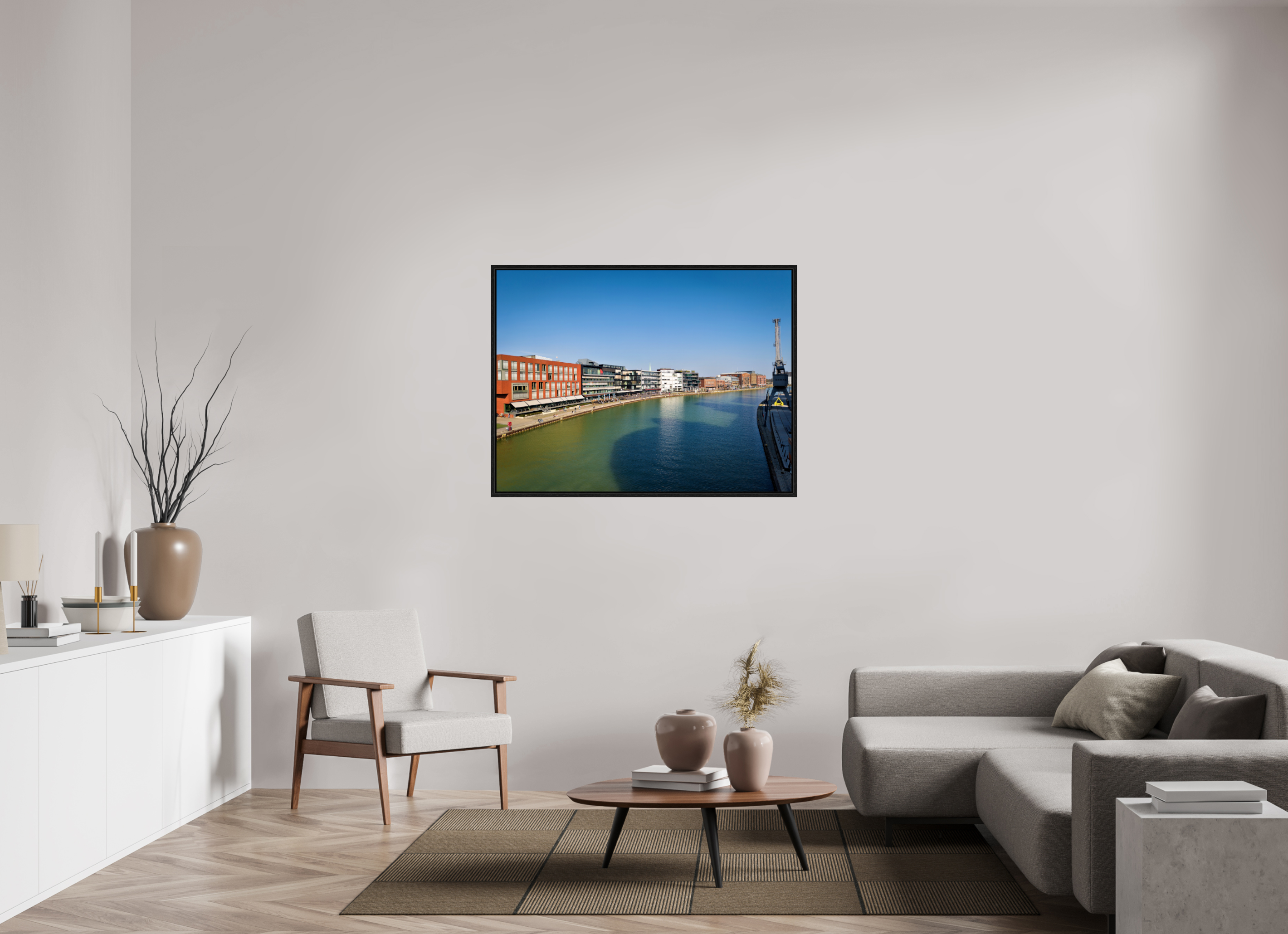 120 x 90 cm, Floater Frame Münster Hafen – Ruhe zwischen Stahl und Wasser