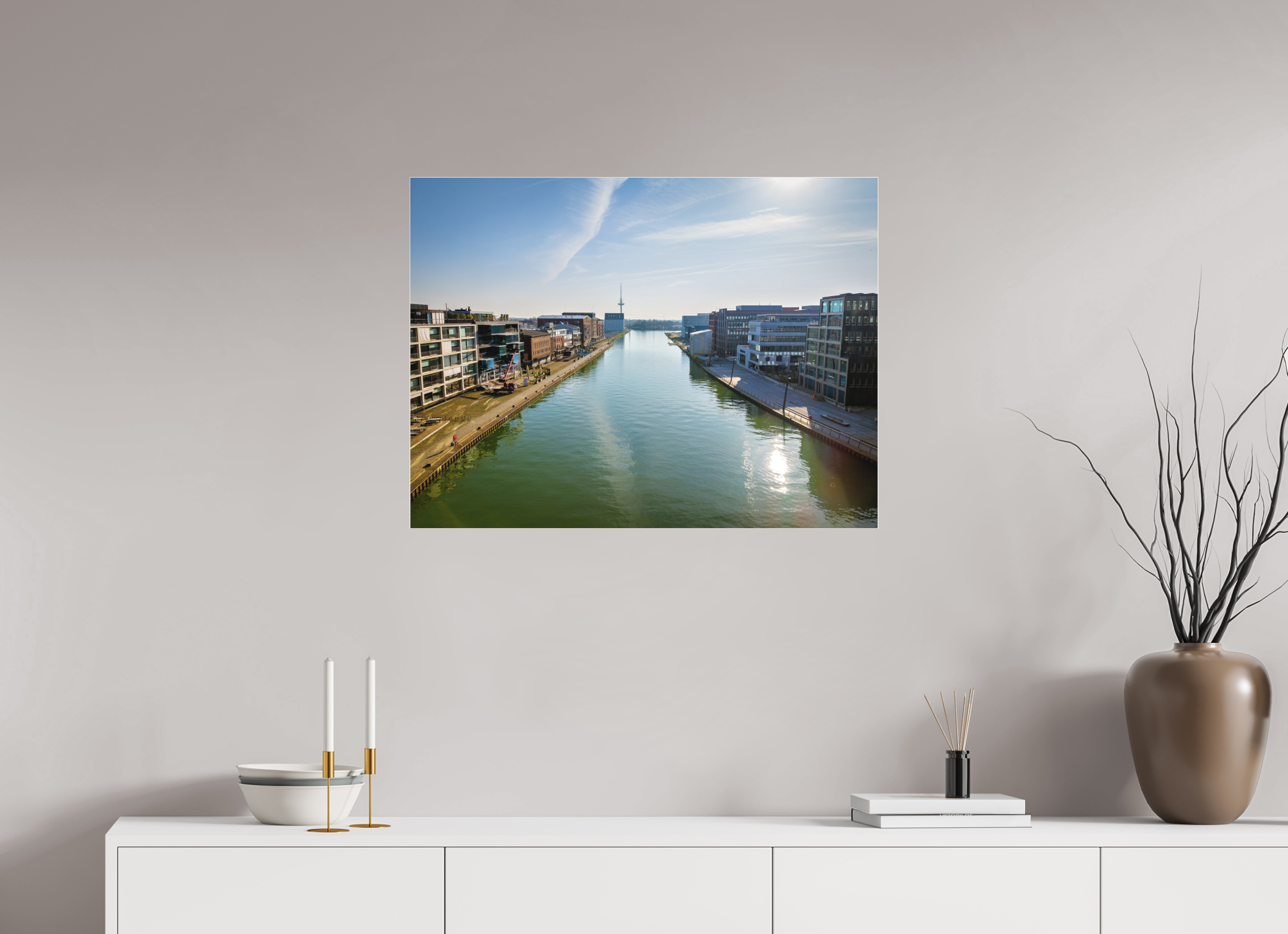 80 x 60 cm, Acrylglas Fine Art Pigmentdruck Münster Hafen – Ruhe zwischen Stahl und Wasser