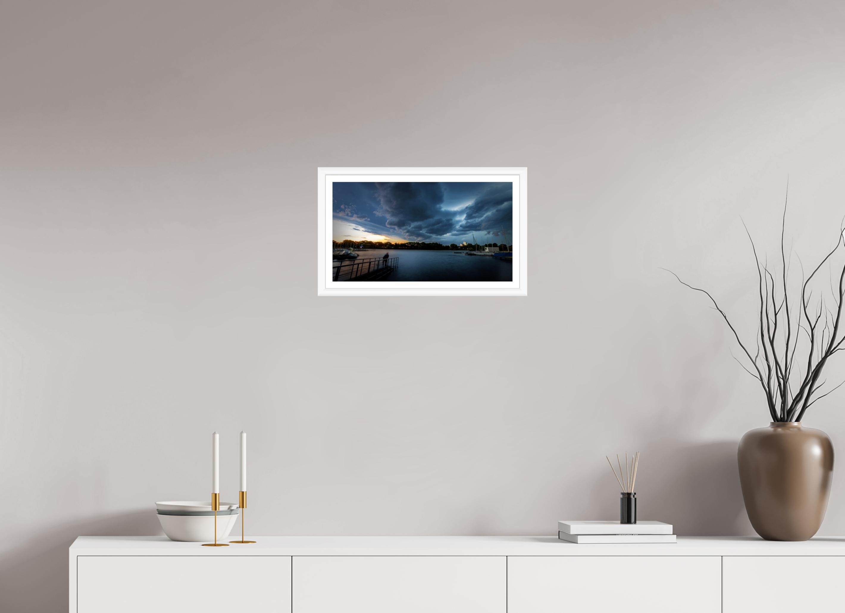 48 x 27 cm, Bern weiß und Rand Der Aasee im Gewitter