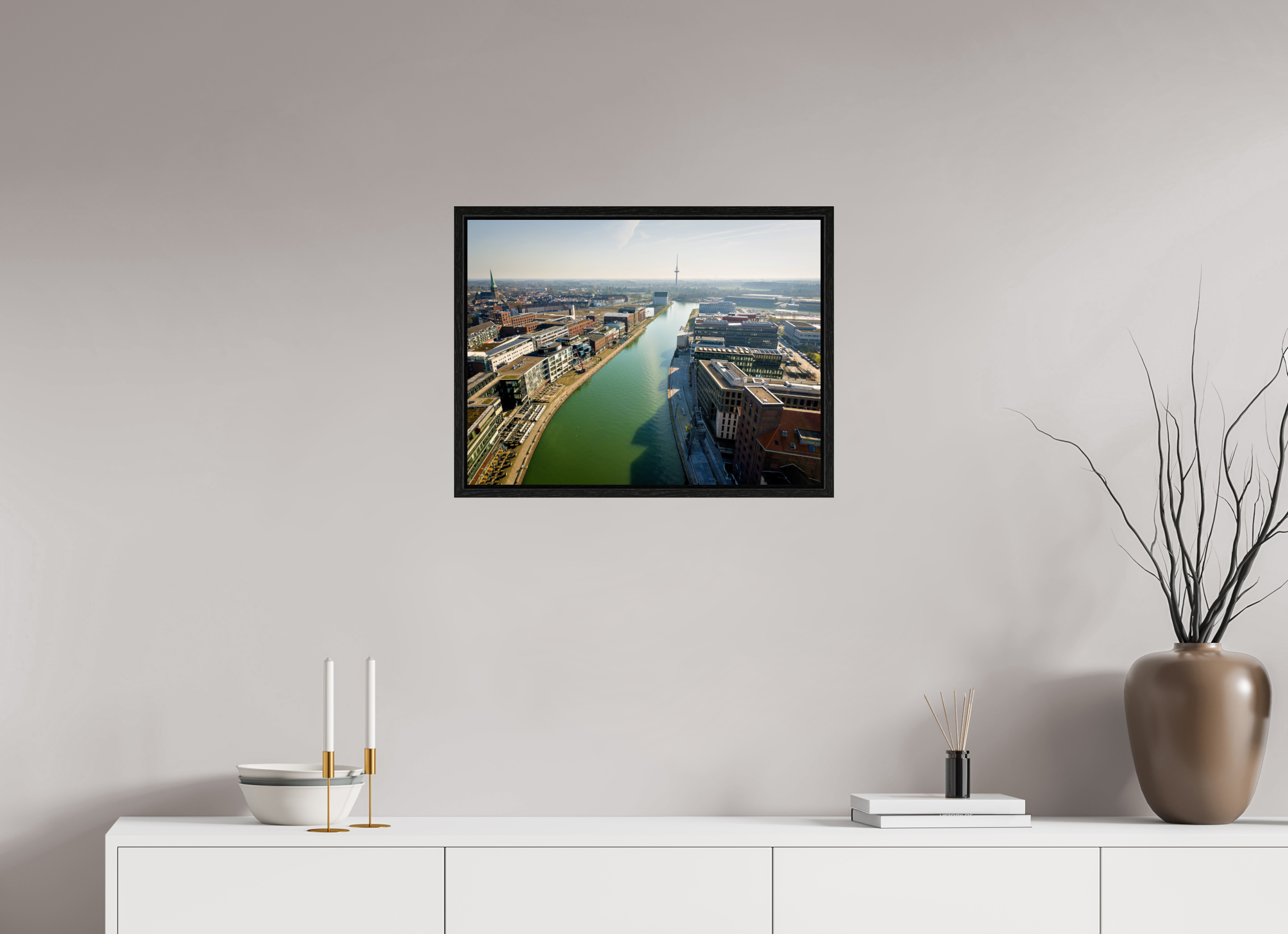 60 x 45 cm, Floater Frame Münster Hafen – Ruhe zwischen Stahl und Wasser