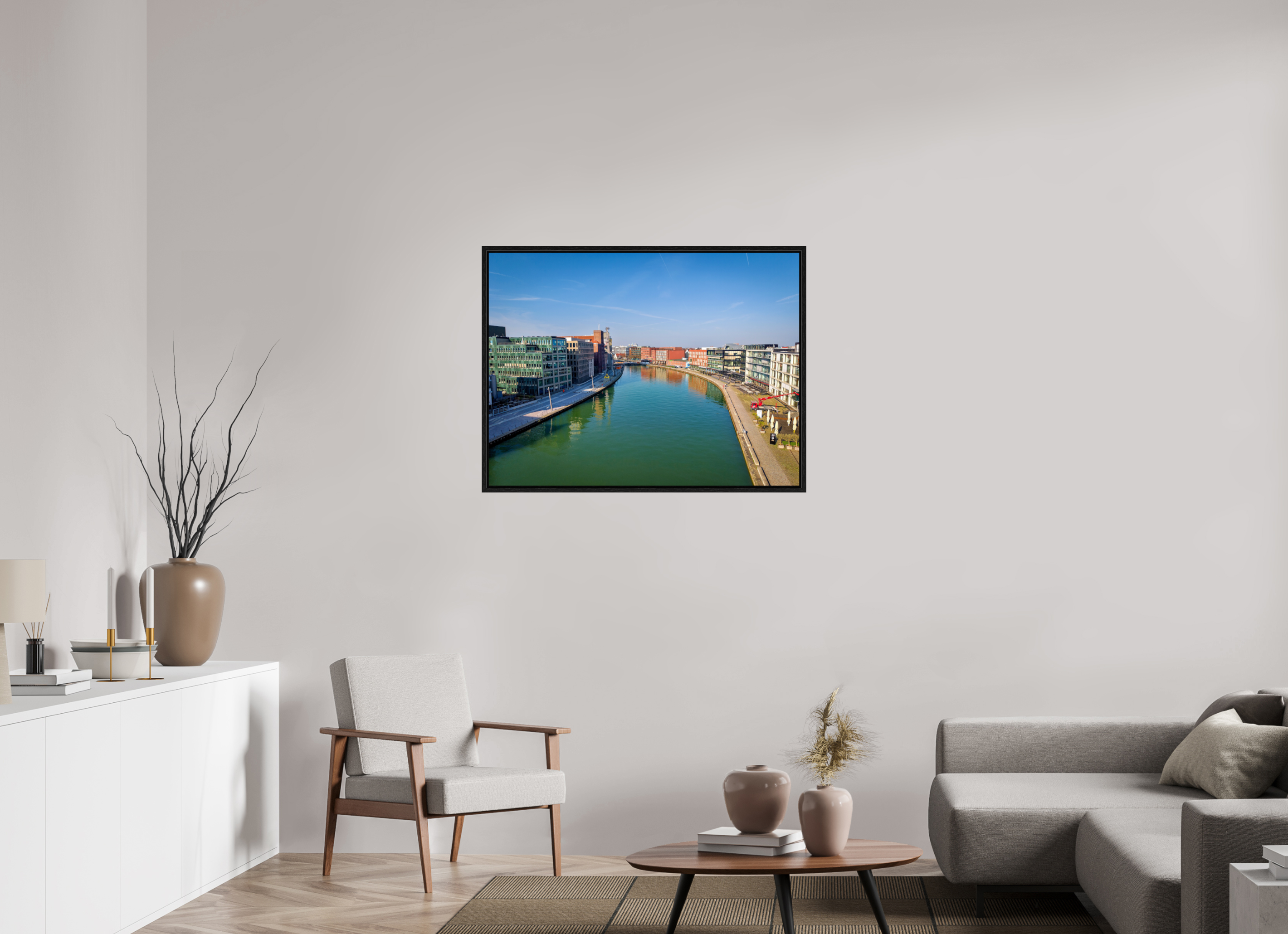 100 x 75 cm, Floater Frame Münster Hafen – Ruhe zwischen Stahl und Wasser