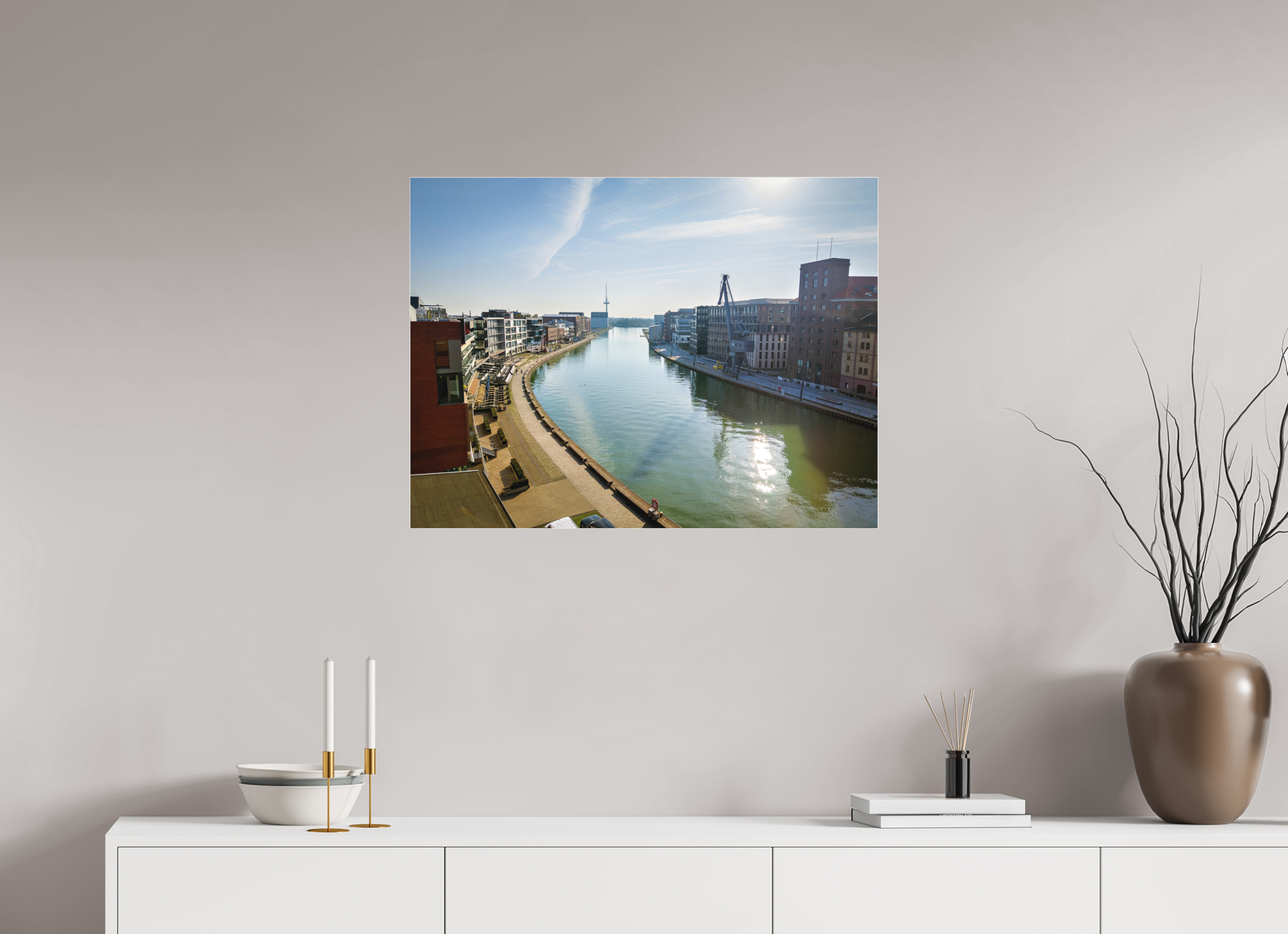 80 x 60 cm, Acrylglas Fine Art Pigmentdruck Münster Hafen – Ruhe zwischen Stahl und Wasser