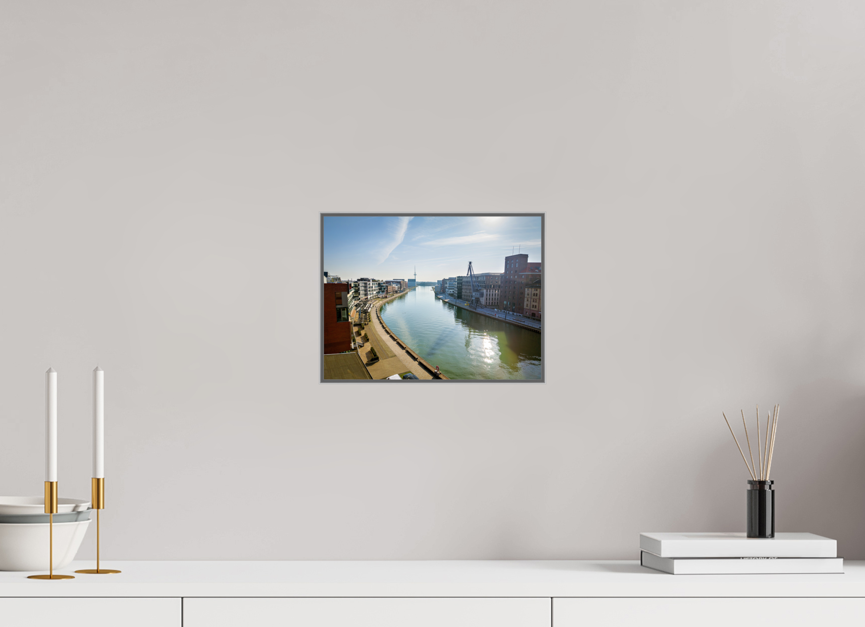 28 x 21 cm, Alurahmen 25mm Münster Hafen – Ruhe zwischen Stahl und Wasser