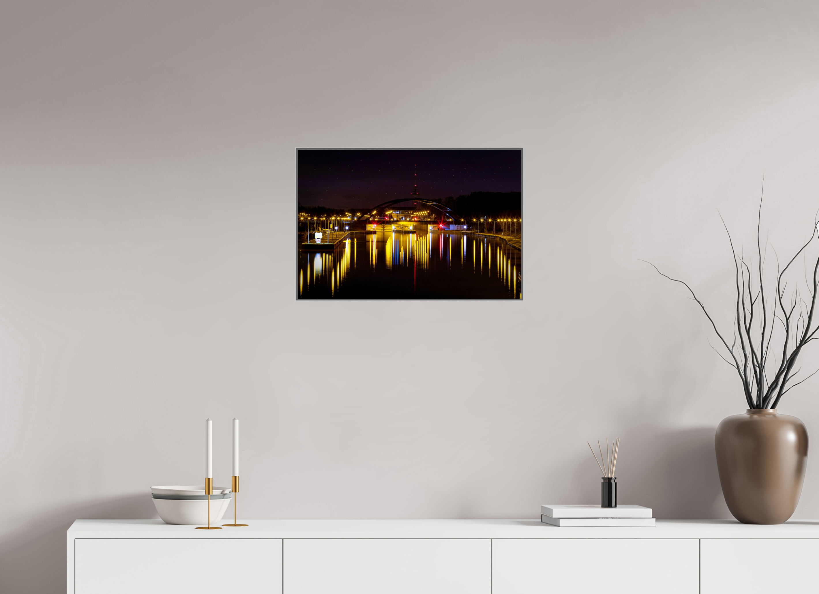 60 x 40 cm, Alurahmen 25mm Die Schleuse bei Nacht