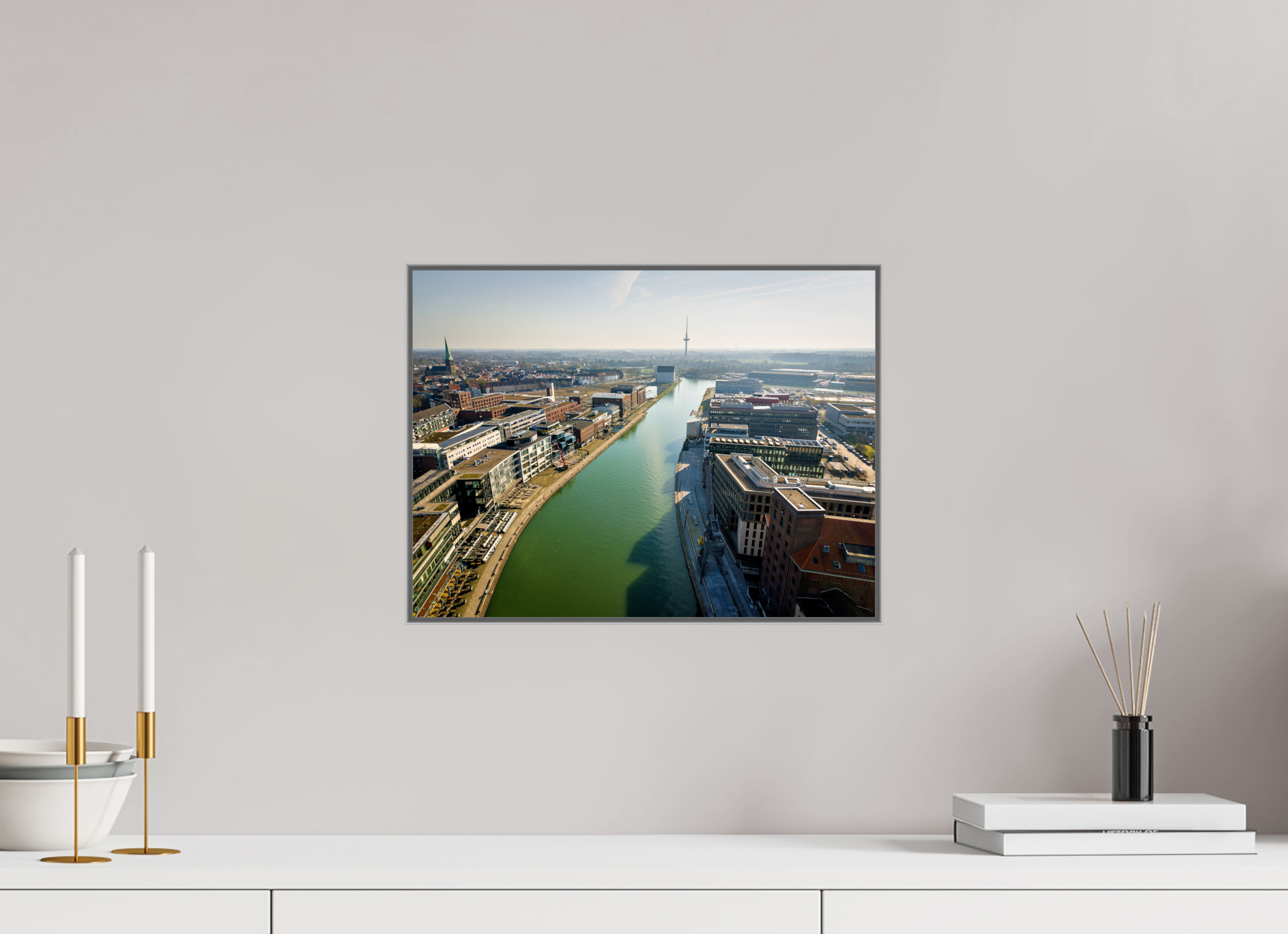 40 x 30 cm, Alurahmen 25mm Münster Hafen – Ruhe zwischen Stahl und Wasser