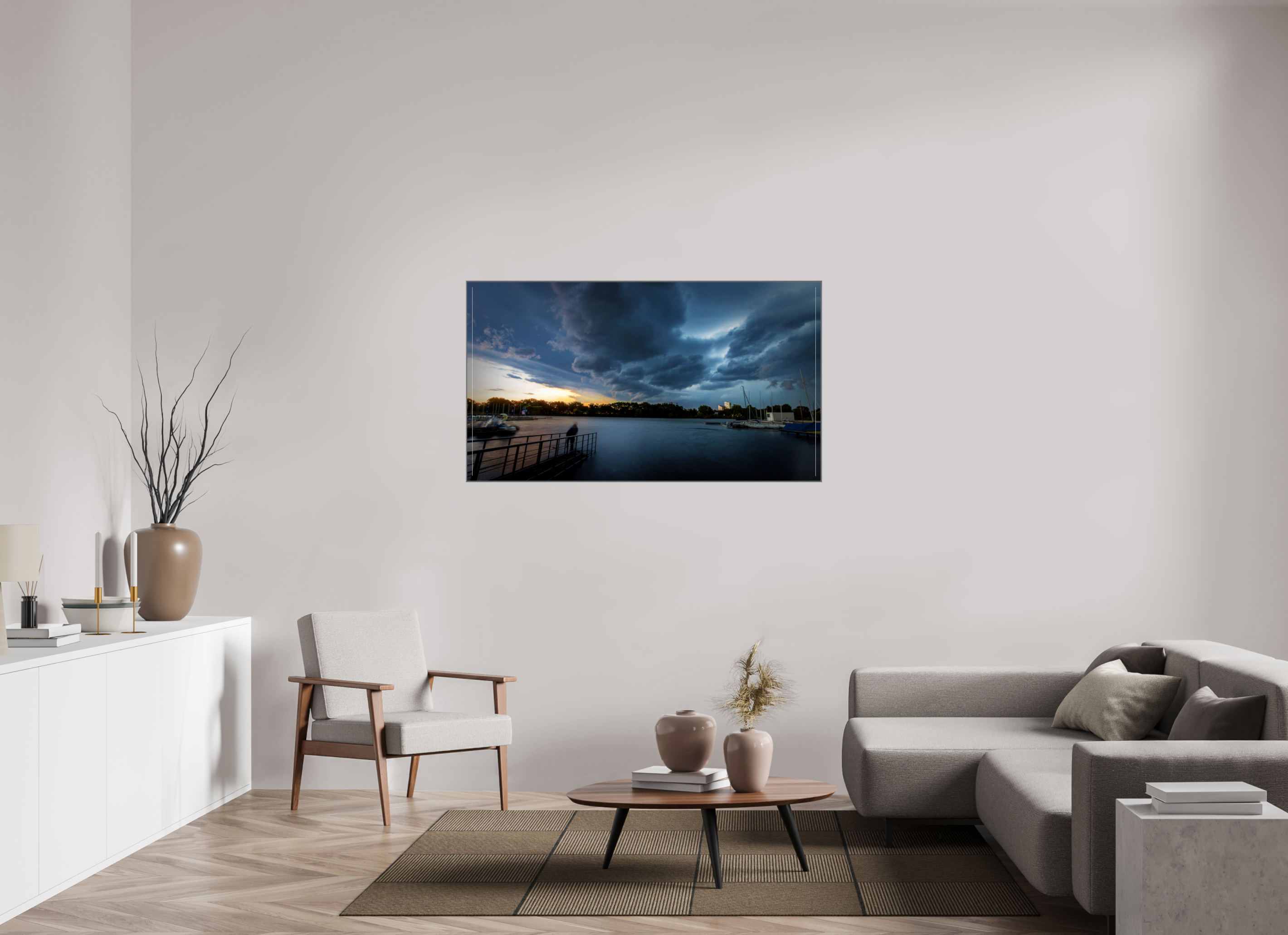144 x 81 cm, Alurahmen 25mm Der Aasee im Gewitter