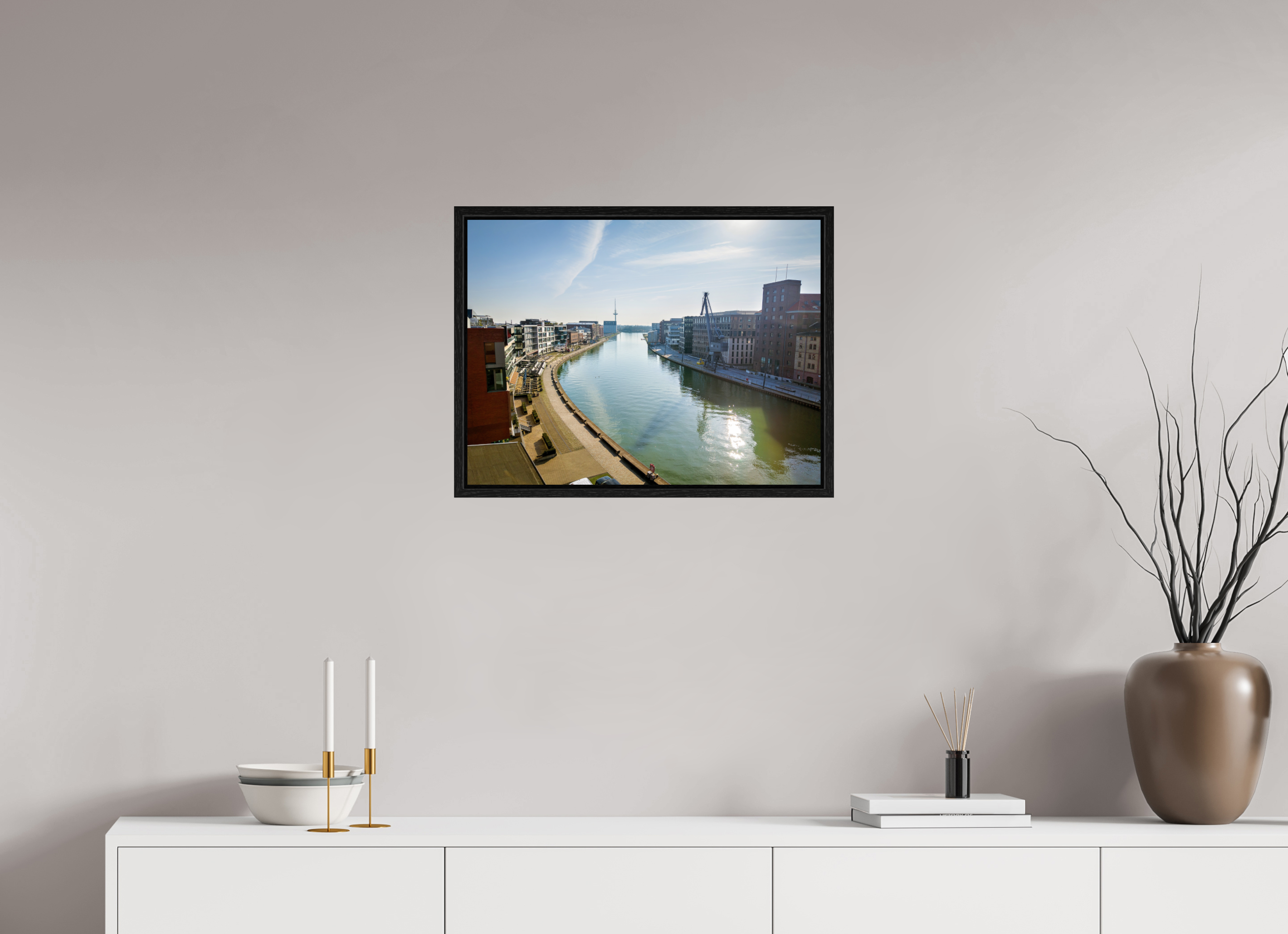 60 x 45 cm, Floater Frame Münster Hafen – Ruhe zwischen Stahl und Wasser