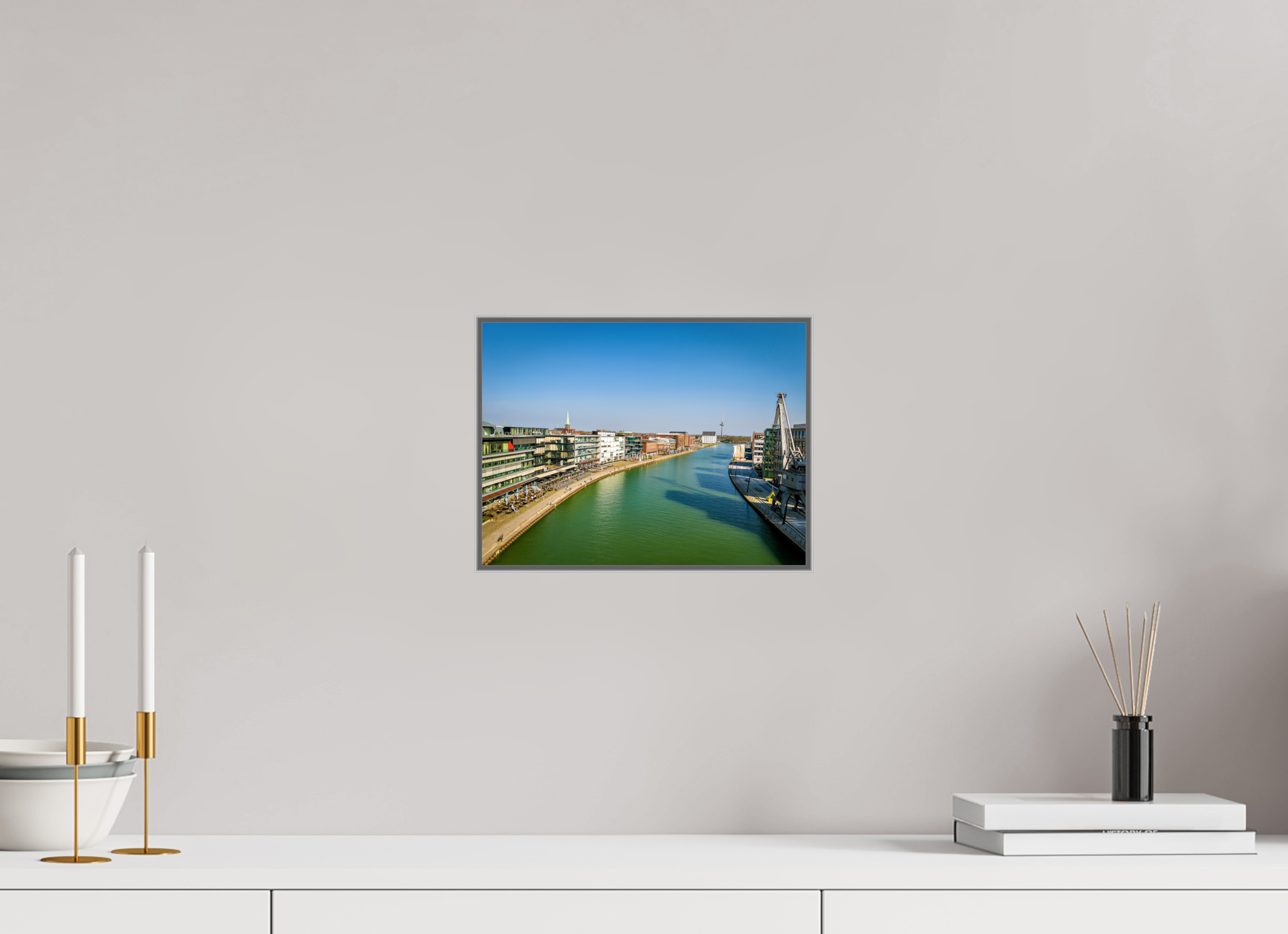 28 x 21 cm, Alurahmen 25mm Münster Hafen – Ruhe zwischen Stahl und Wasser