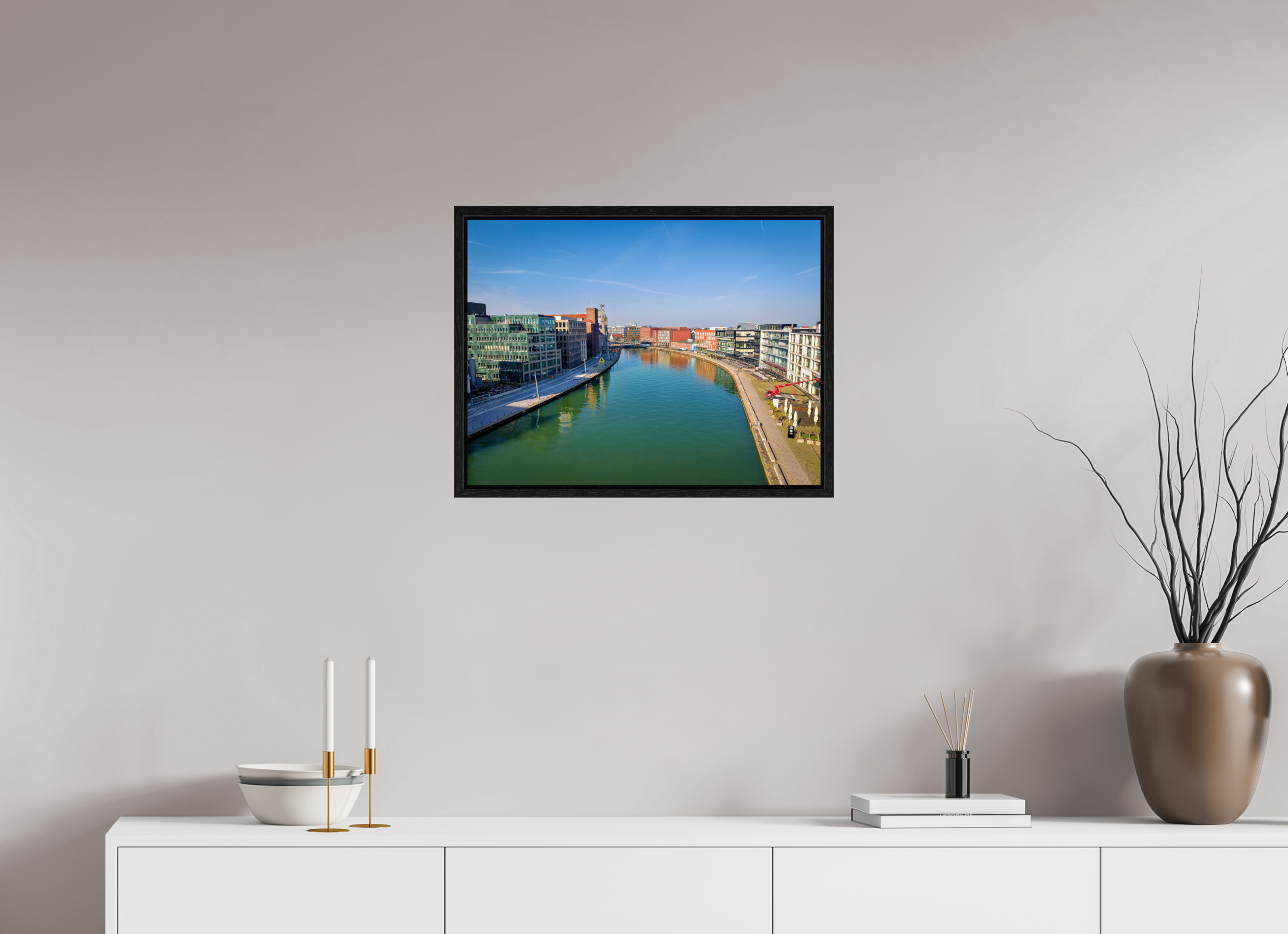 60 x 45 cm, Floater Frame Münster Hafen – Ruhe zwischen Stahl und Wasser