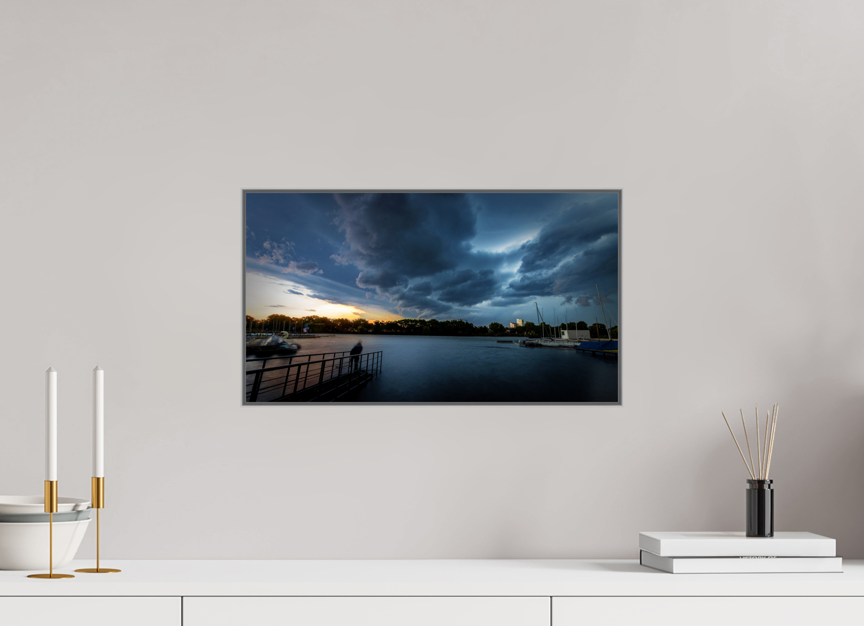48 x 27 cm, Alurahmen 25mm Der Aasee im Gewitter