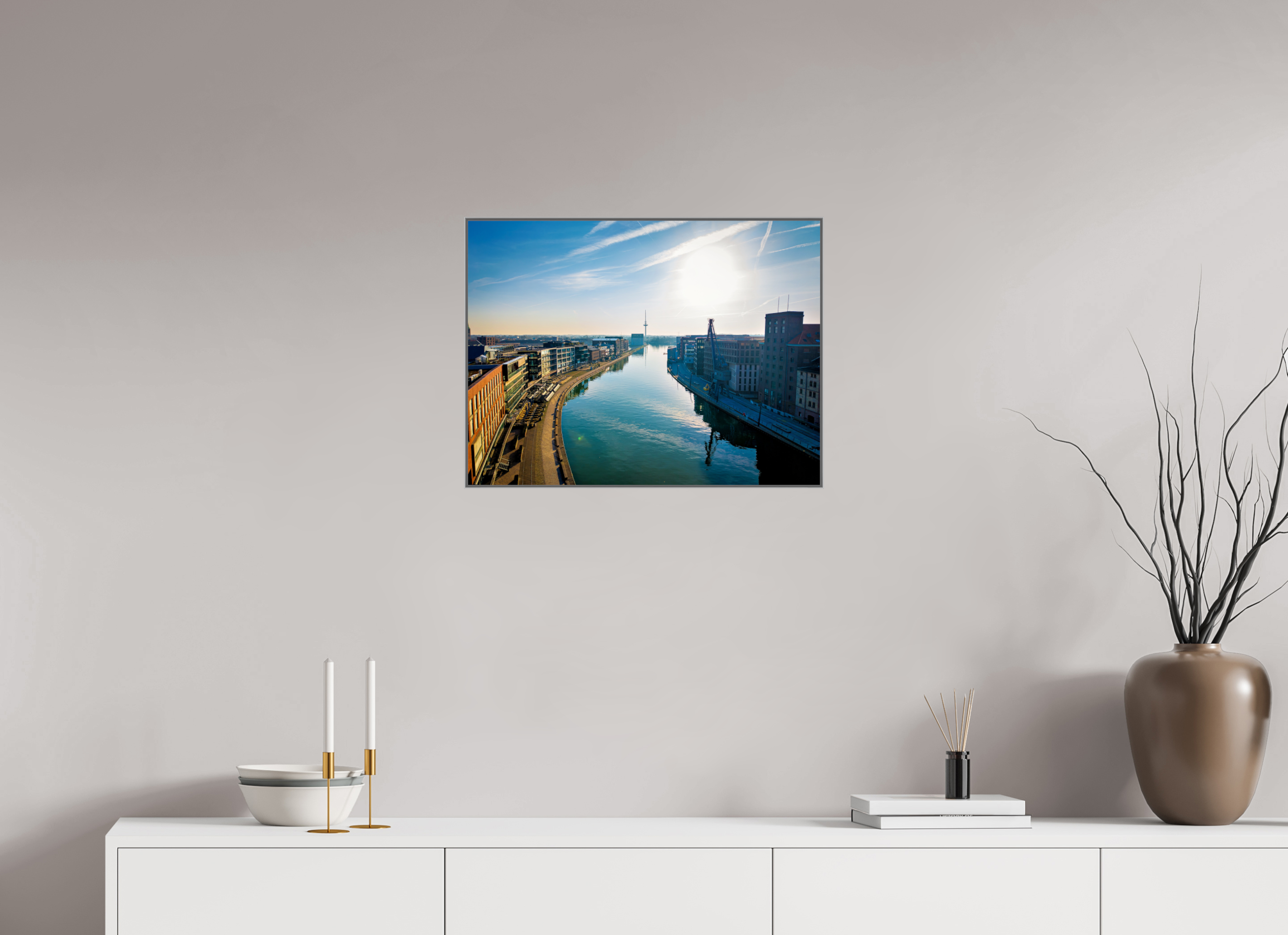 60 x 45 cm, Alurahmen 25mm Münster Hafen – Ruhe zwischen Stahl und Wasser