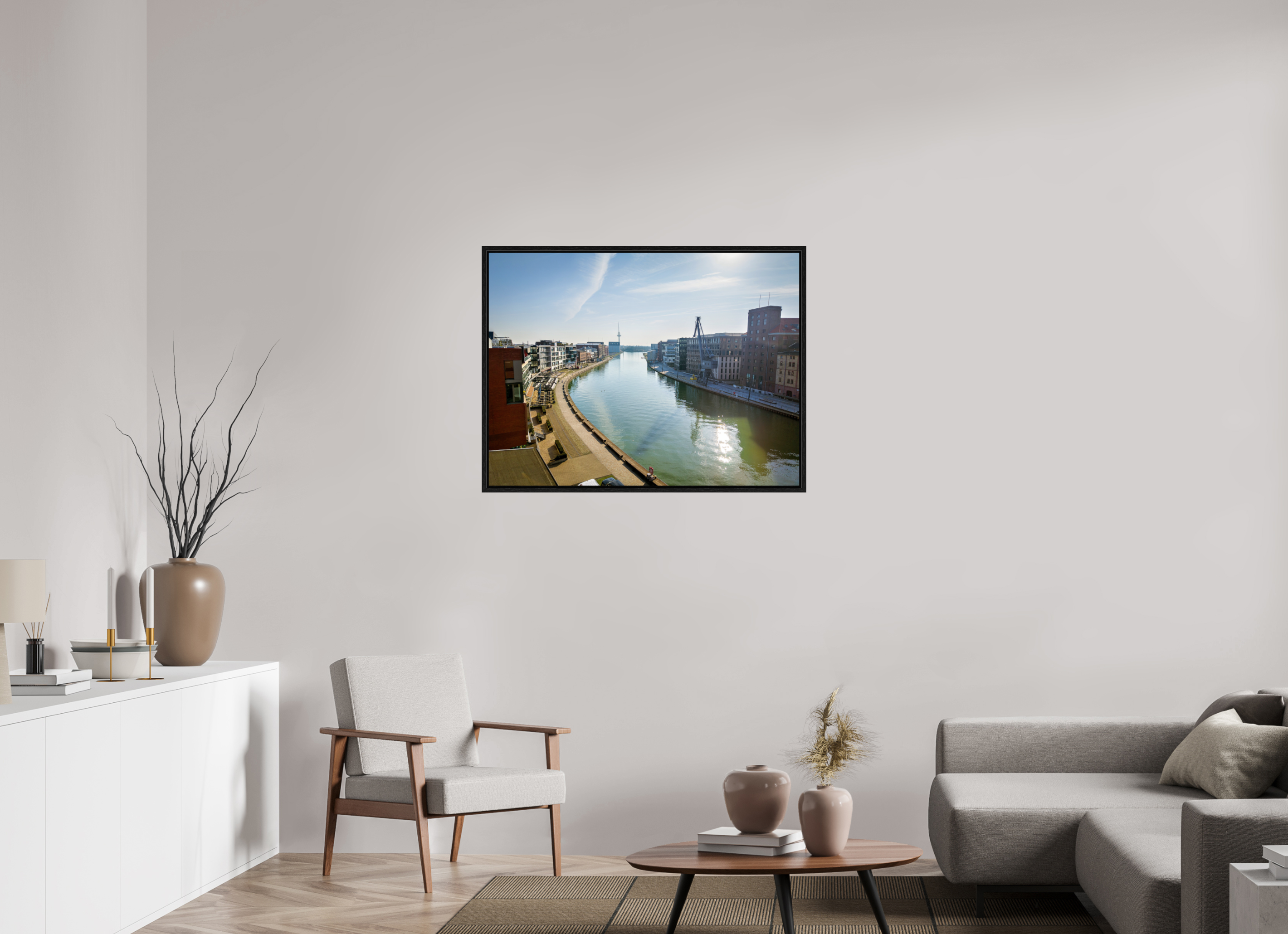 100 x 75 cm, Floater Frame Münster Hafen – Ruhe zwischen Stahl und Wasser