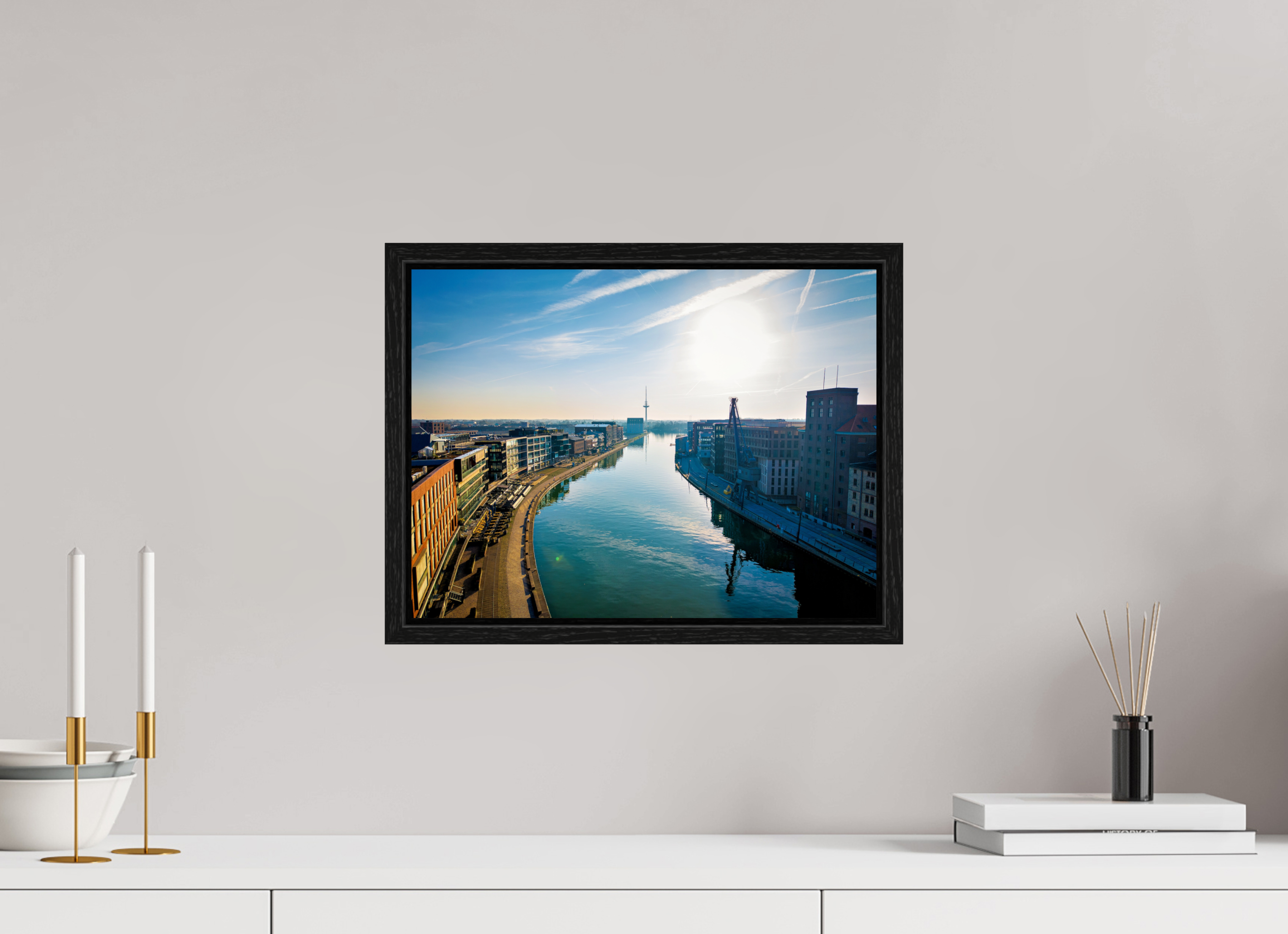 40 x 30 cm, Floater Frame Münster Hafen – Ruhe zwischen Stahl und Wasser