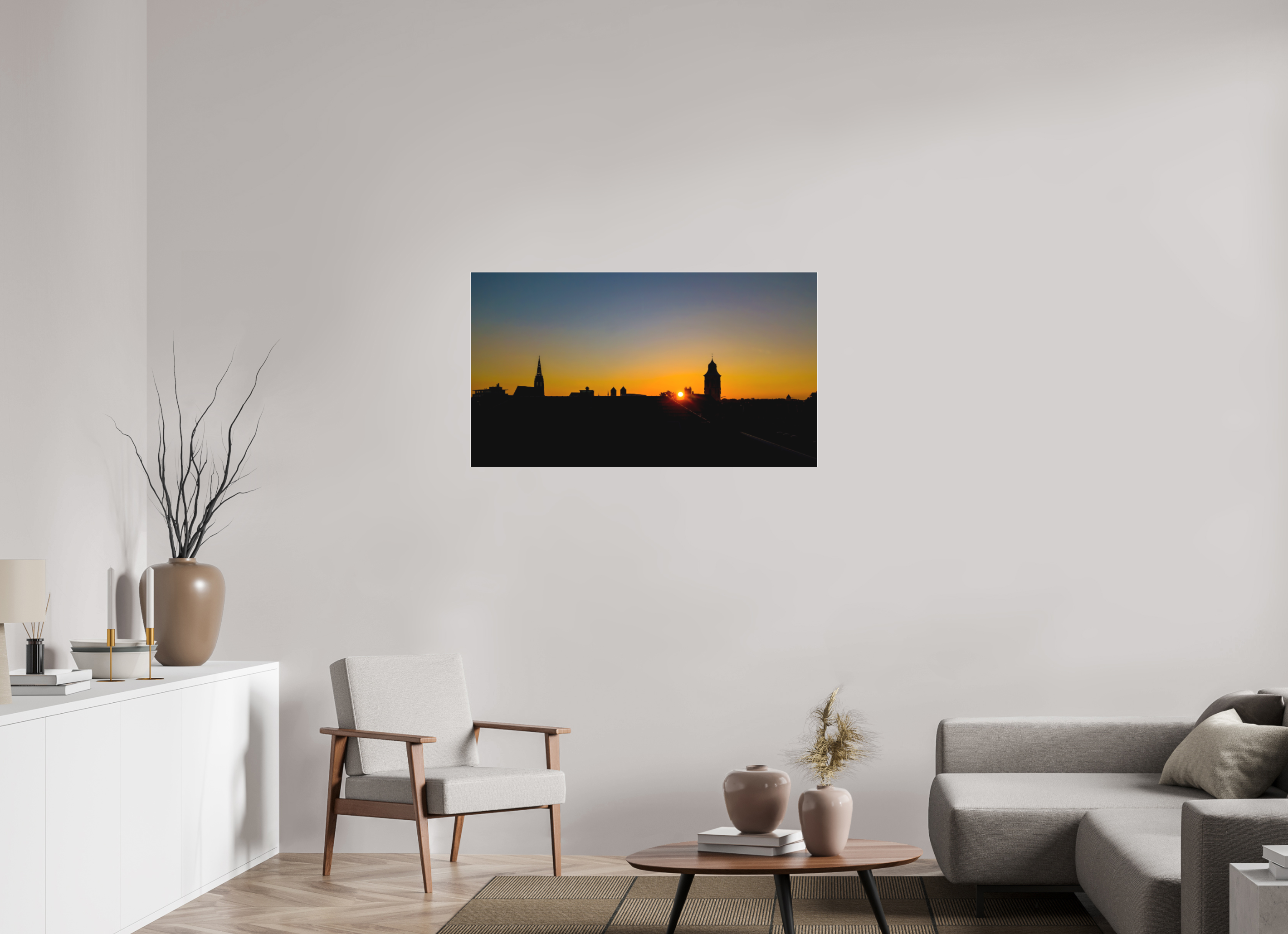 112 x 63 cm, Acrylglas Fine Art Pigmentdruck Skyline / Sonnenuntergang