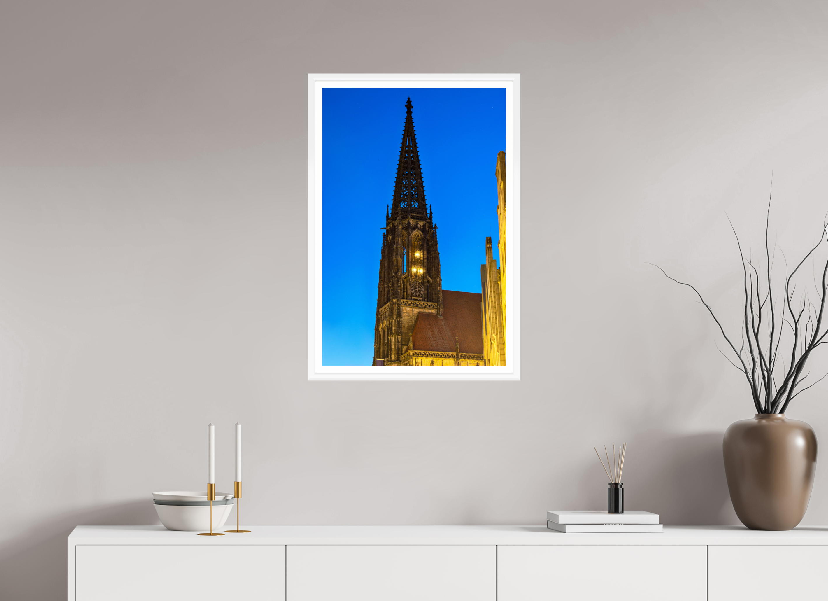 50 x 75 cm, Bern weiß und Rand Lambertikirche bei Nacht