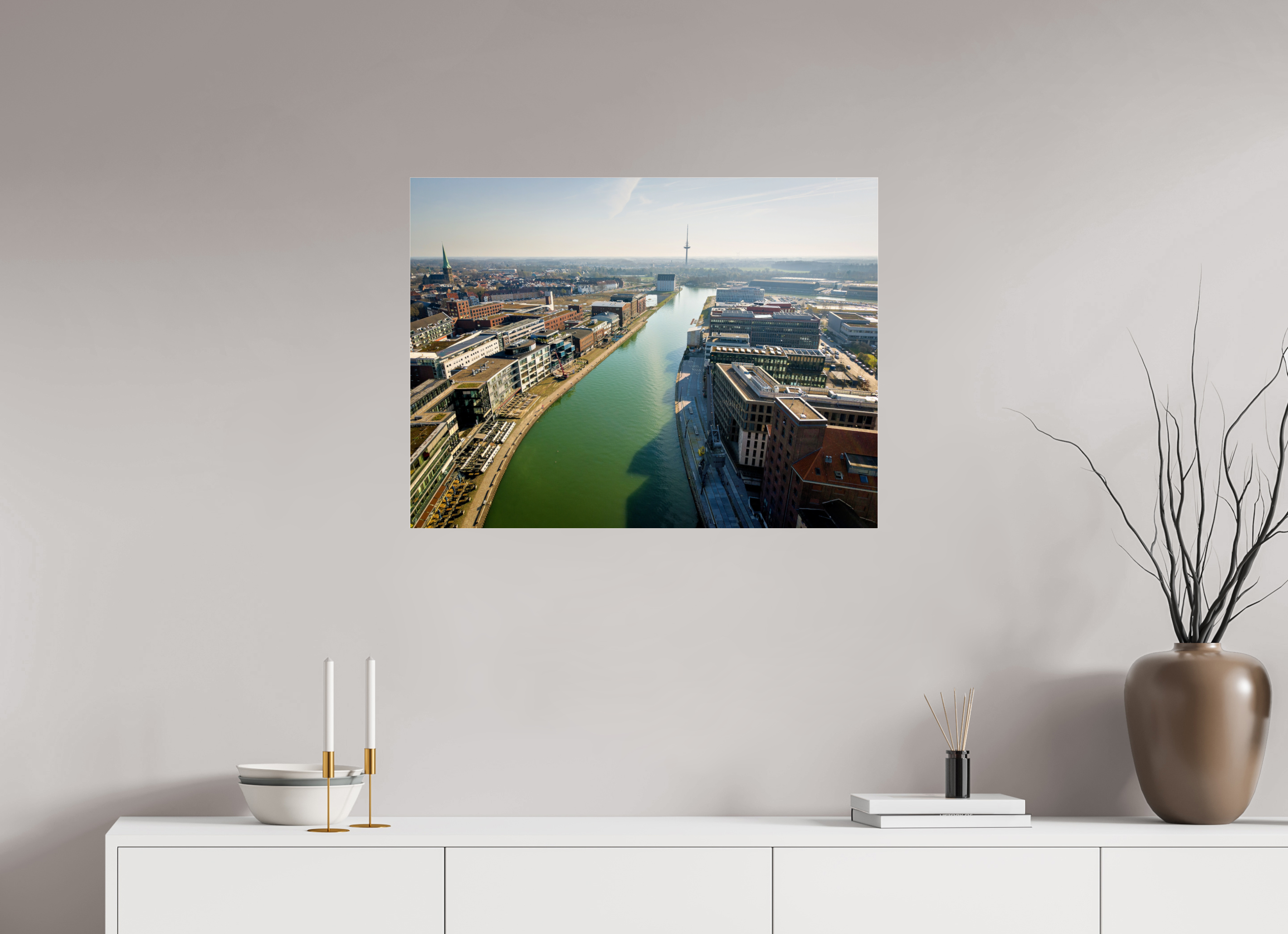 80 x 60 cm, Photo Print Under Acrylic Glass Münster Hafen – Ruhe zwischen Stahl und Wasser