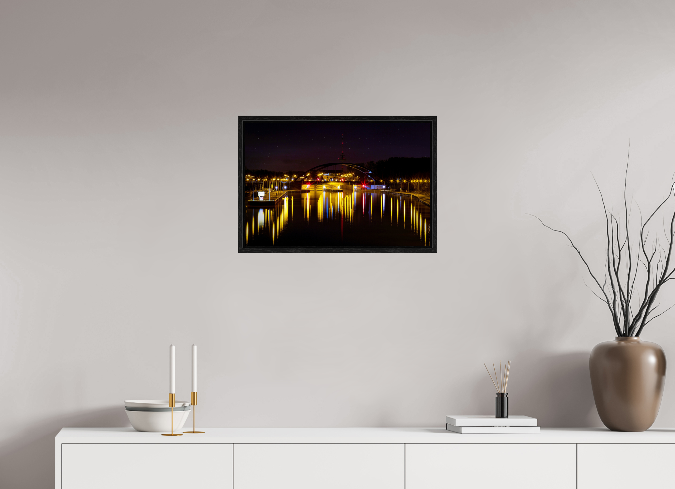 60 x 40 cm, Floater Frame Die Schleuse bei Nacht