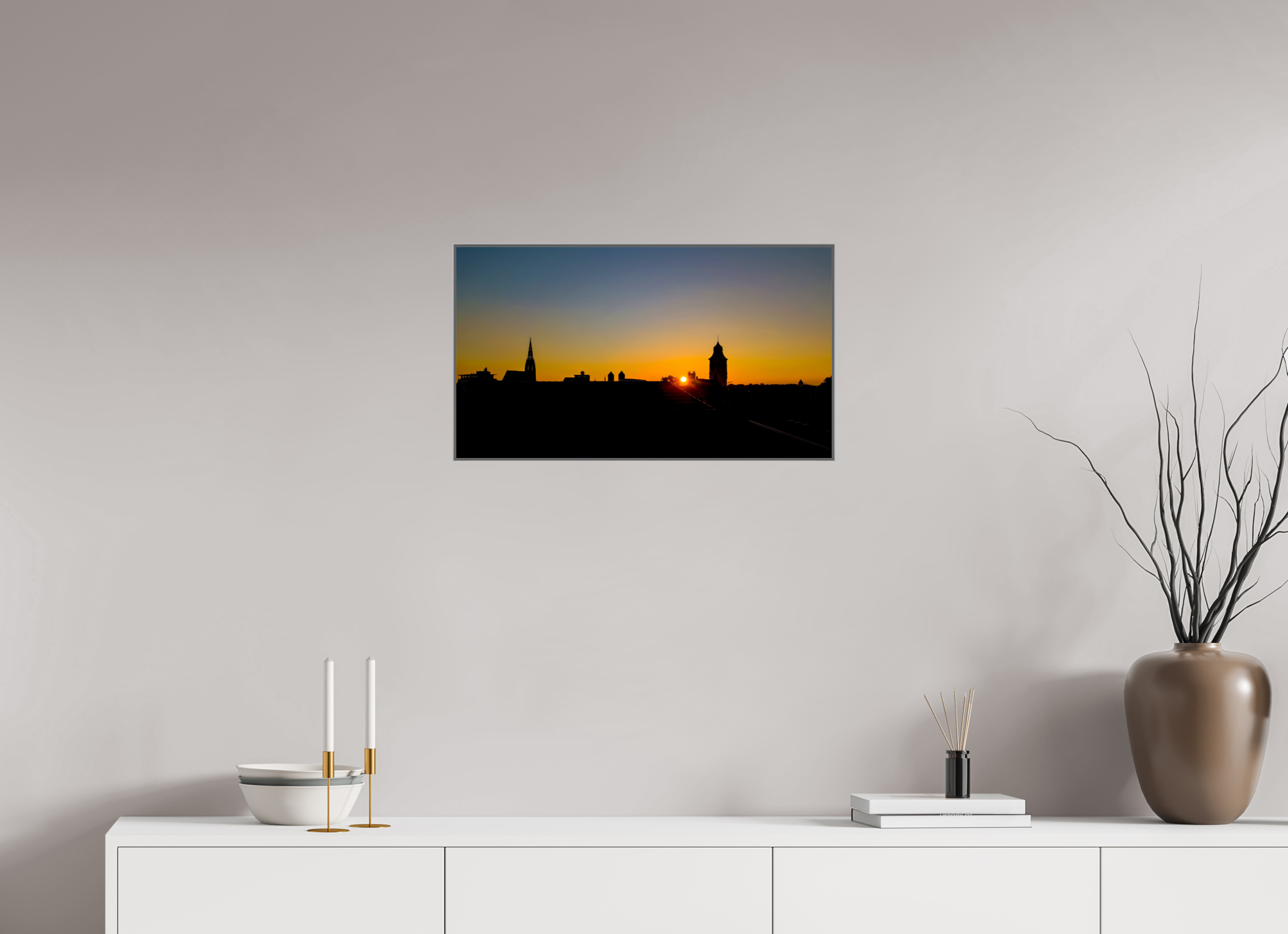 64 x 36 cm, Alurahmen 25mm Skyline / Sonnenuntergang
