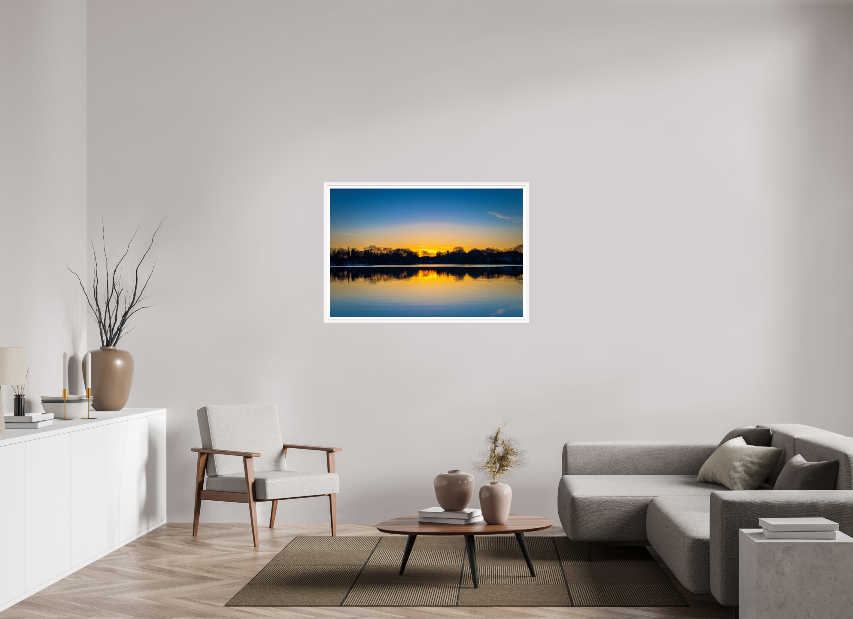 120 x 80 cm, Bern weiß und Rand Der Aasee bei Sonnenaufgang