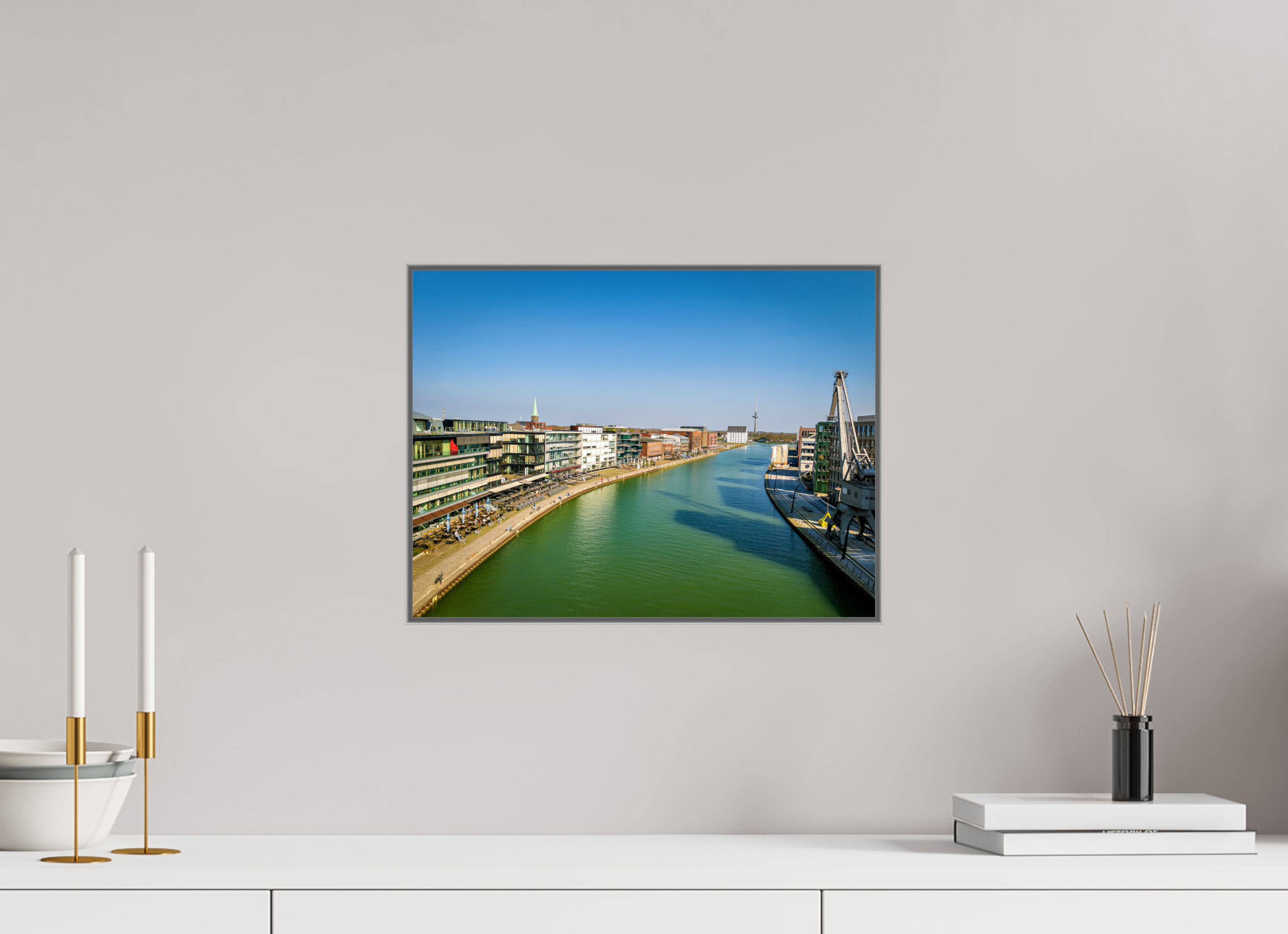 40 x 30 cm, Alurahmen 25mm Münster Hafen – Ruhe zwischen Stahl und Wasser