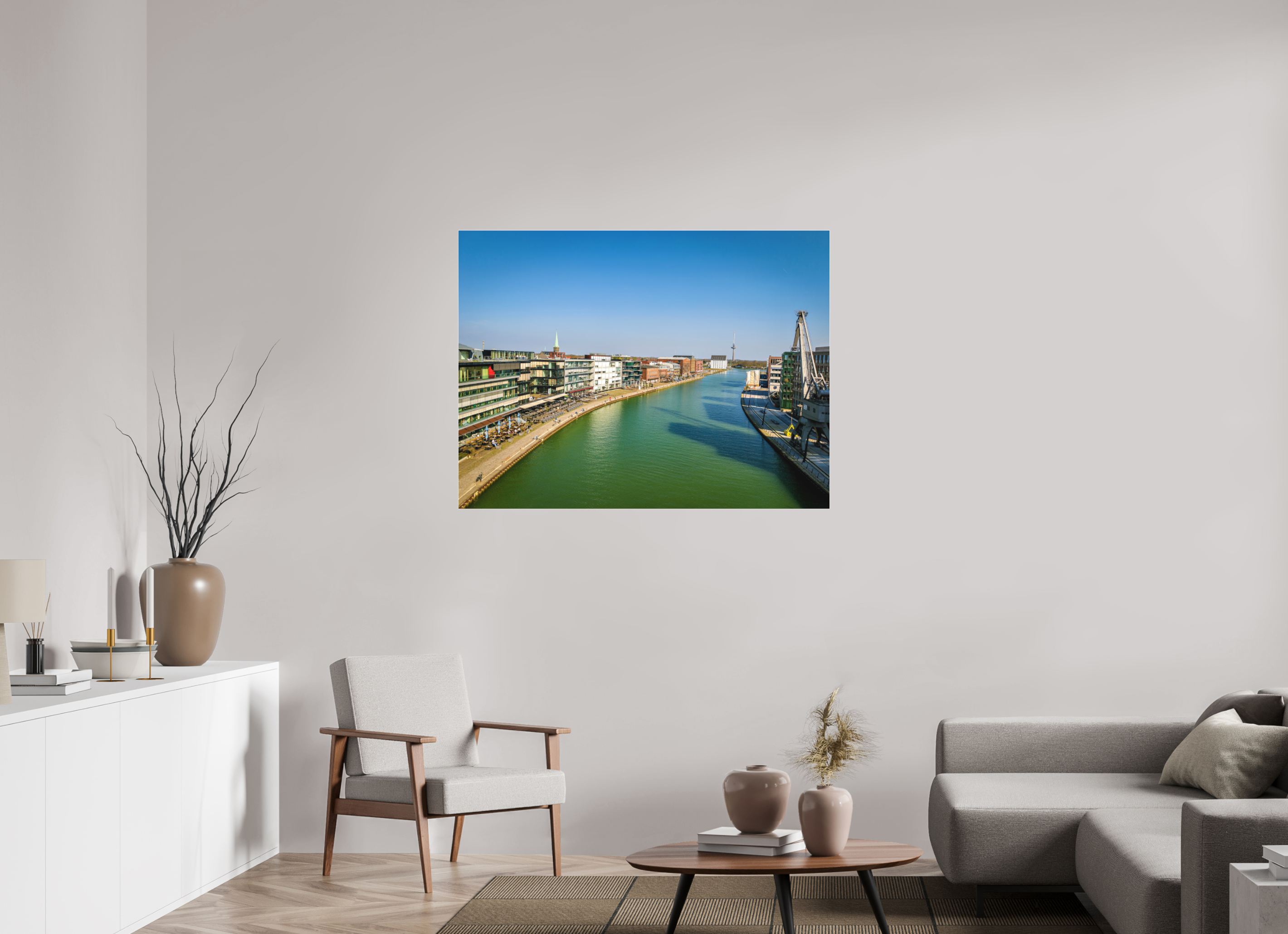 120 x 90 cm, Acrylglas Fine Art Pigmentdruck Münster Hafen – Ruhe zwischen Stahl und Wasser