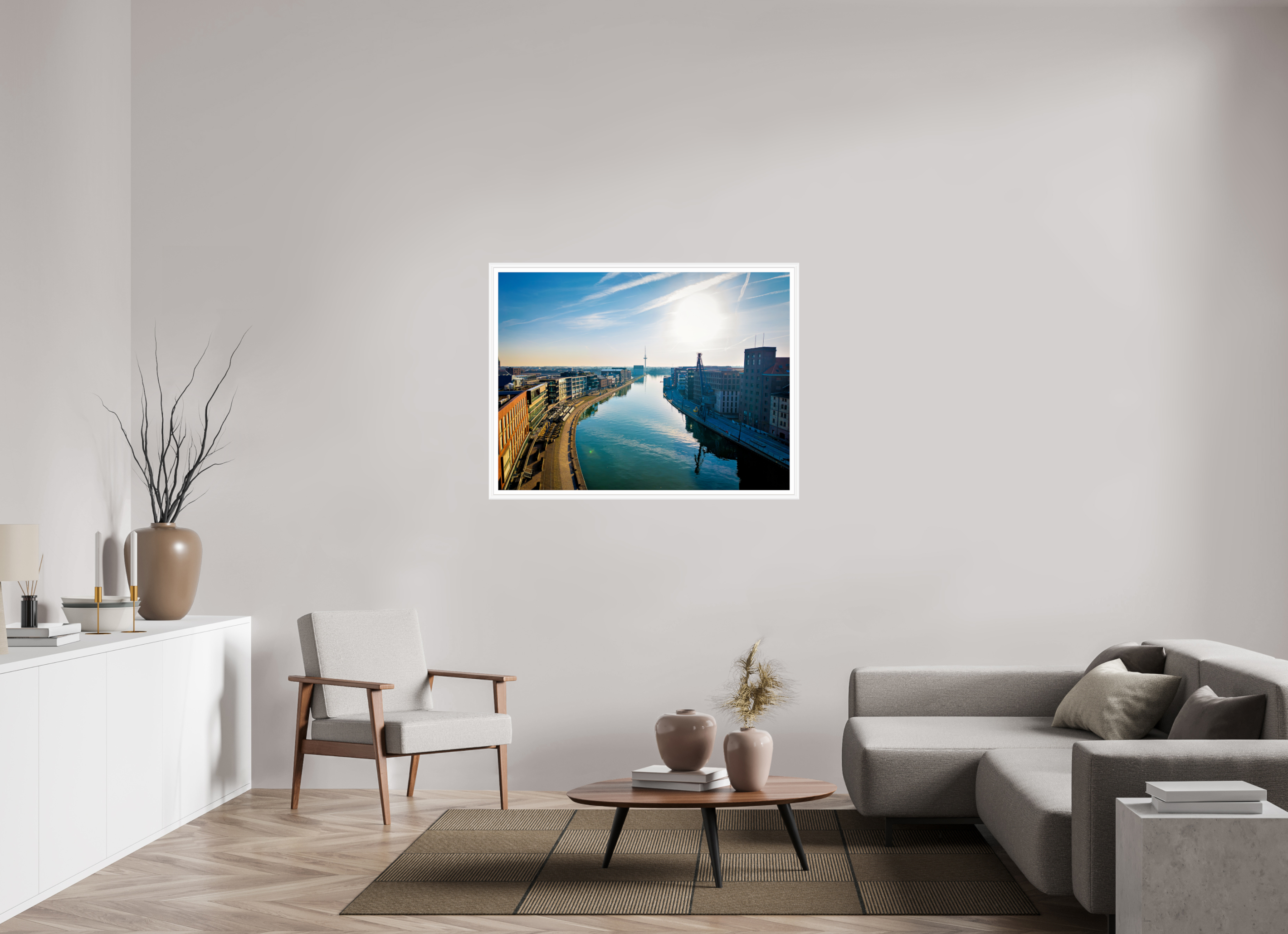 120 x 90 cm, Bern weiß und Rand Münster Hafen – Ruhe zwischen Stahl und Wasser