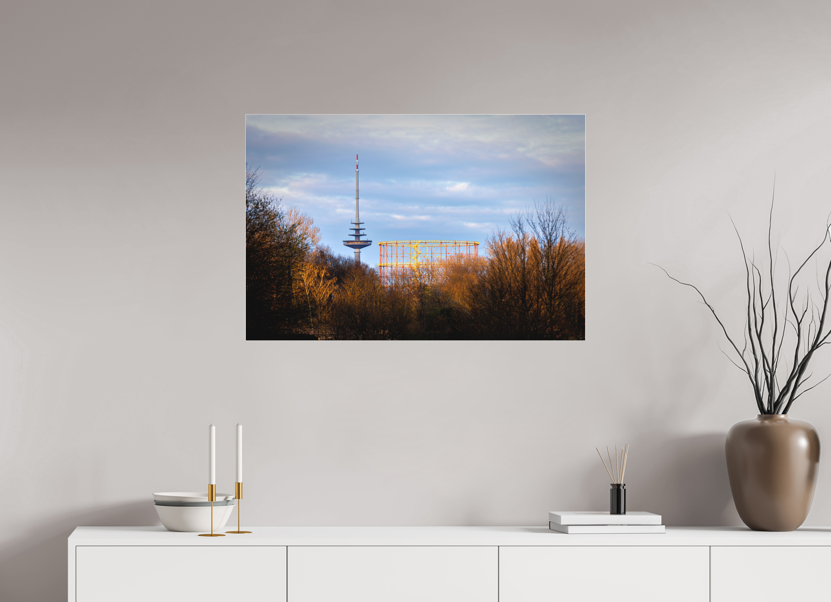 90 x 60 cm, Acrylglas Fine Art Pigmentdruck Fernsehturm und Gasometer