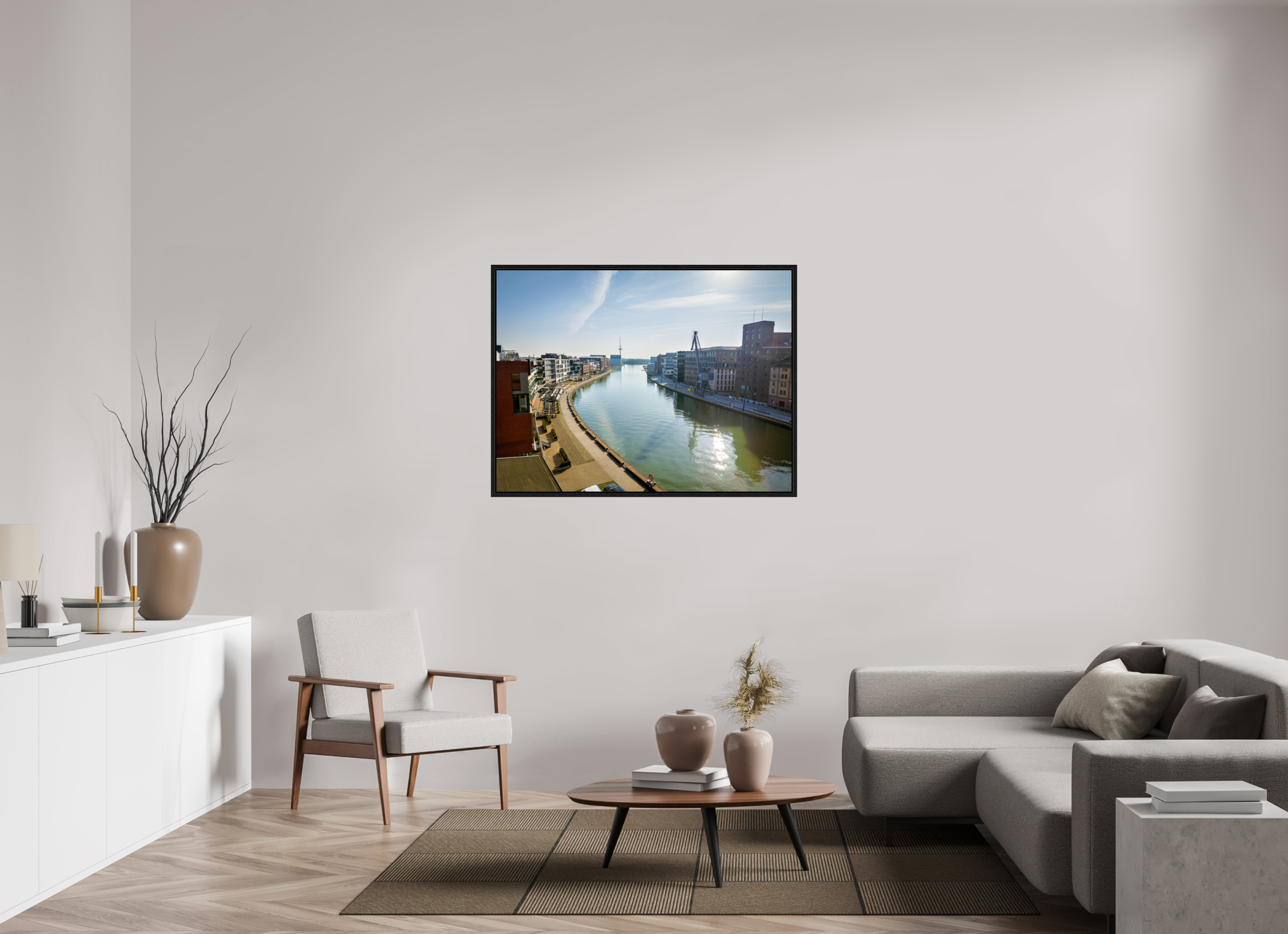 120 x 90 cm, Floater Frame Münster Hafen – Ruhe zwischen Stahl und Wasser