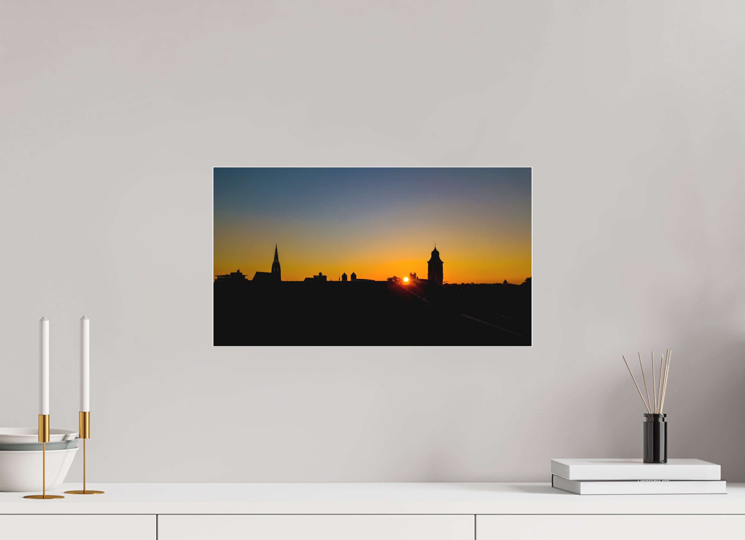 48 x 27 cm, Acrylglas Fine Art Pigmentdruck Skyline / Sonnenuntergang