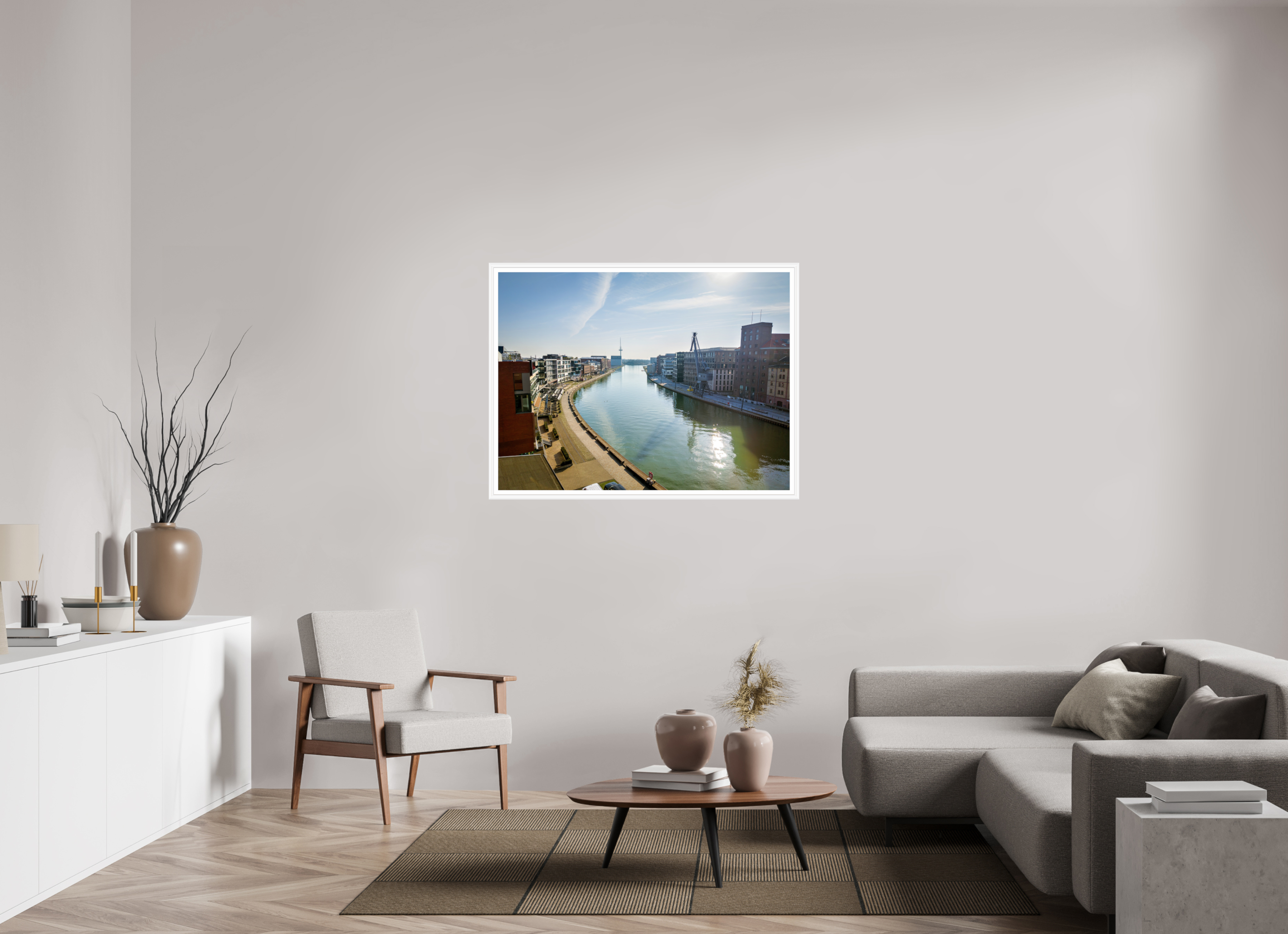 120 x 90 cm, Bern weiß und Rand Münster Hafen – Ruhe zwischen Stahl und Wasser