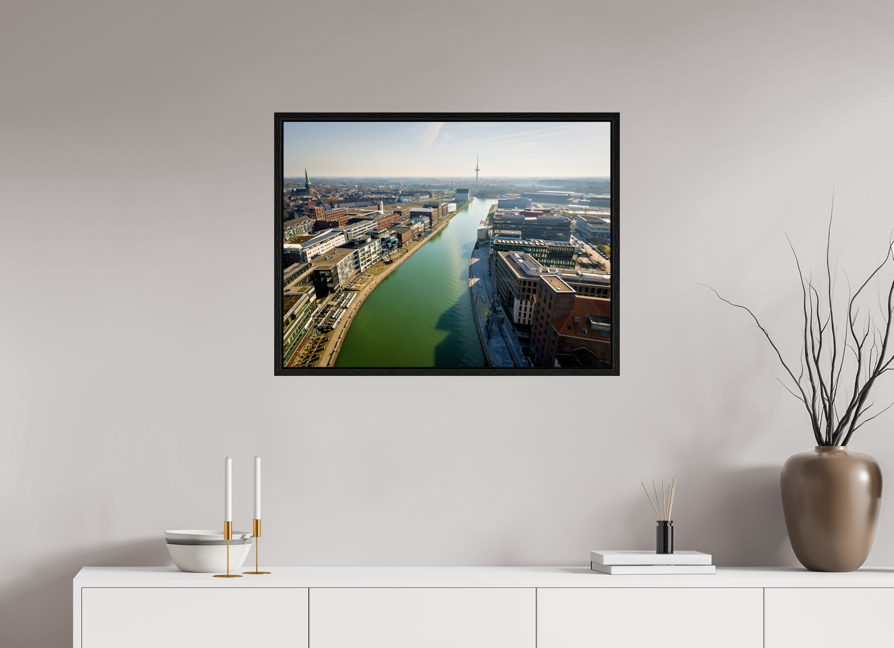 80 x 60 cm, Floater Frame Münster Hafen – Ruhe zwischen Stahl und Wasser